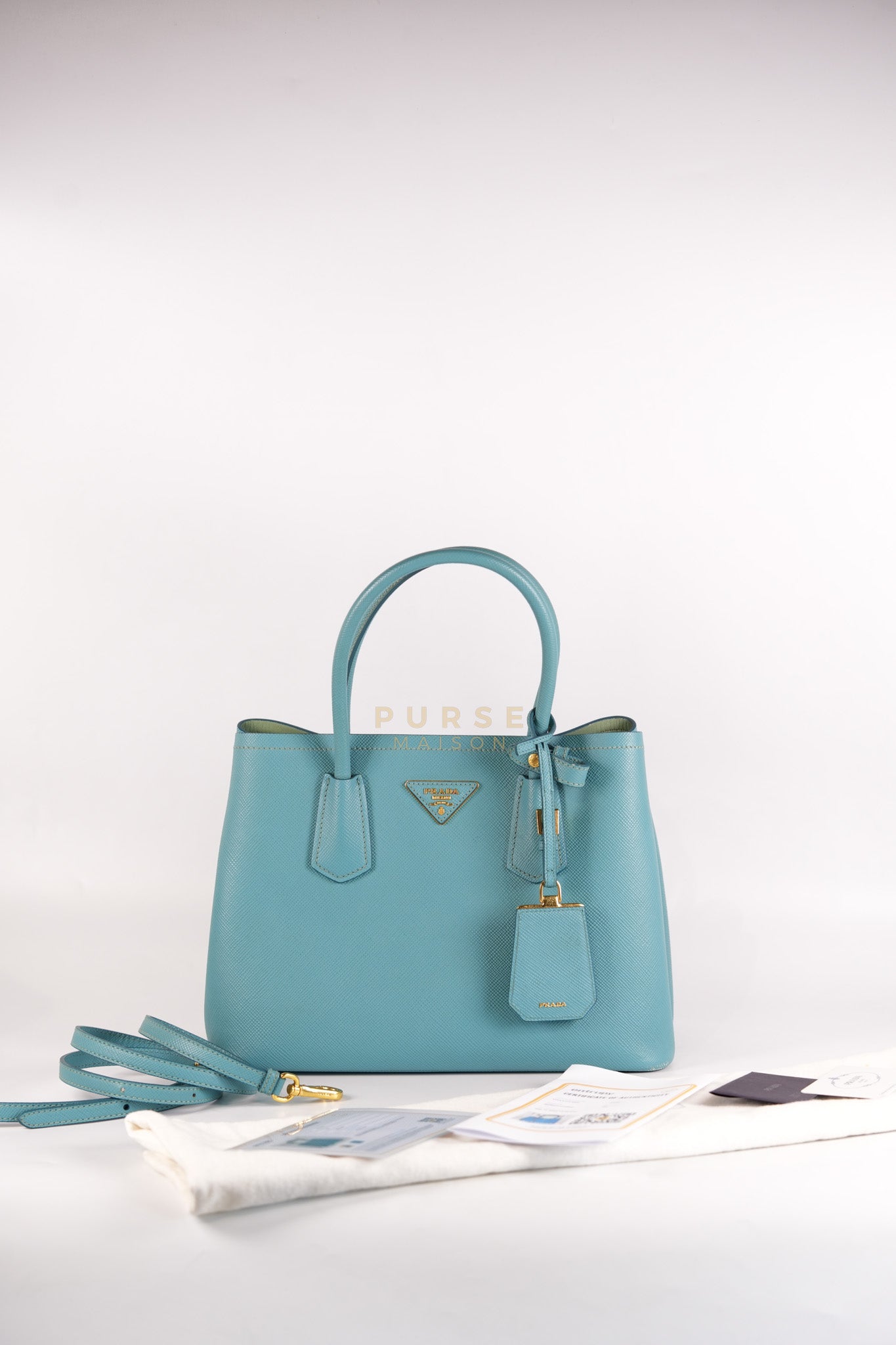 Double Handle Tote Bag Small in Teal Saffiano Cuir Leather | Purse Maison Luxury Bags Shop