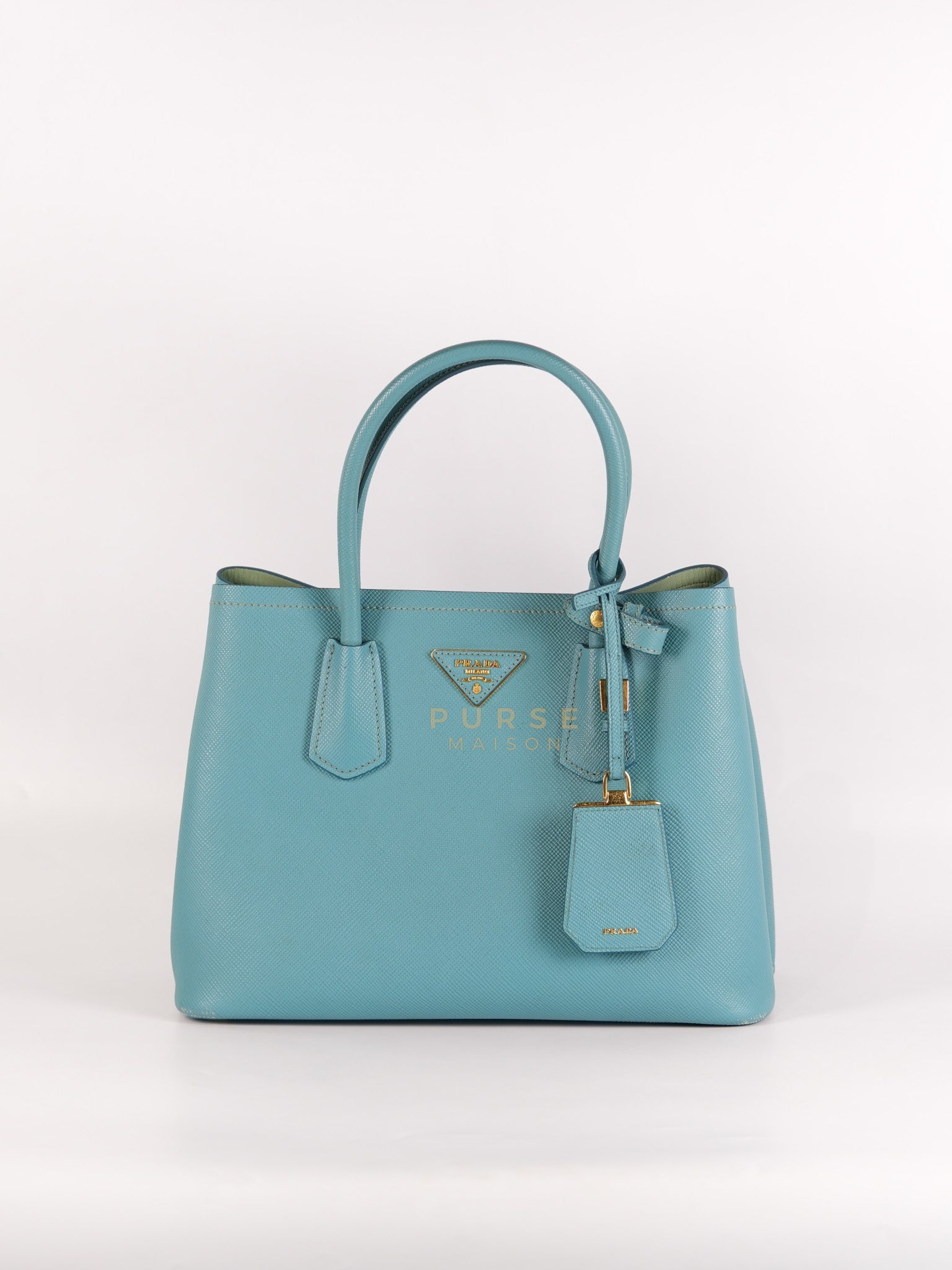 Double Handle Tote Bag Small in Teal Saffiano Cuir Leather | Purse Maison Luxury Bags Shop