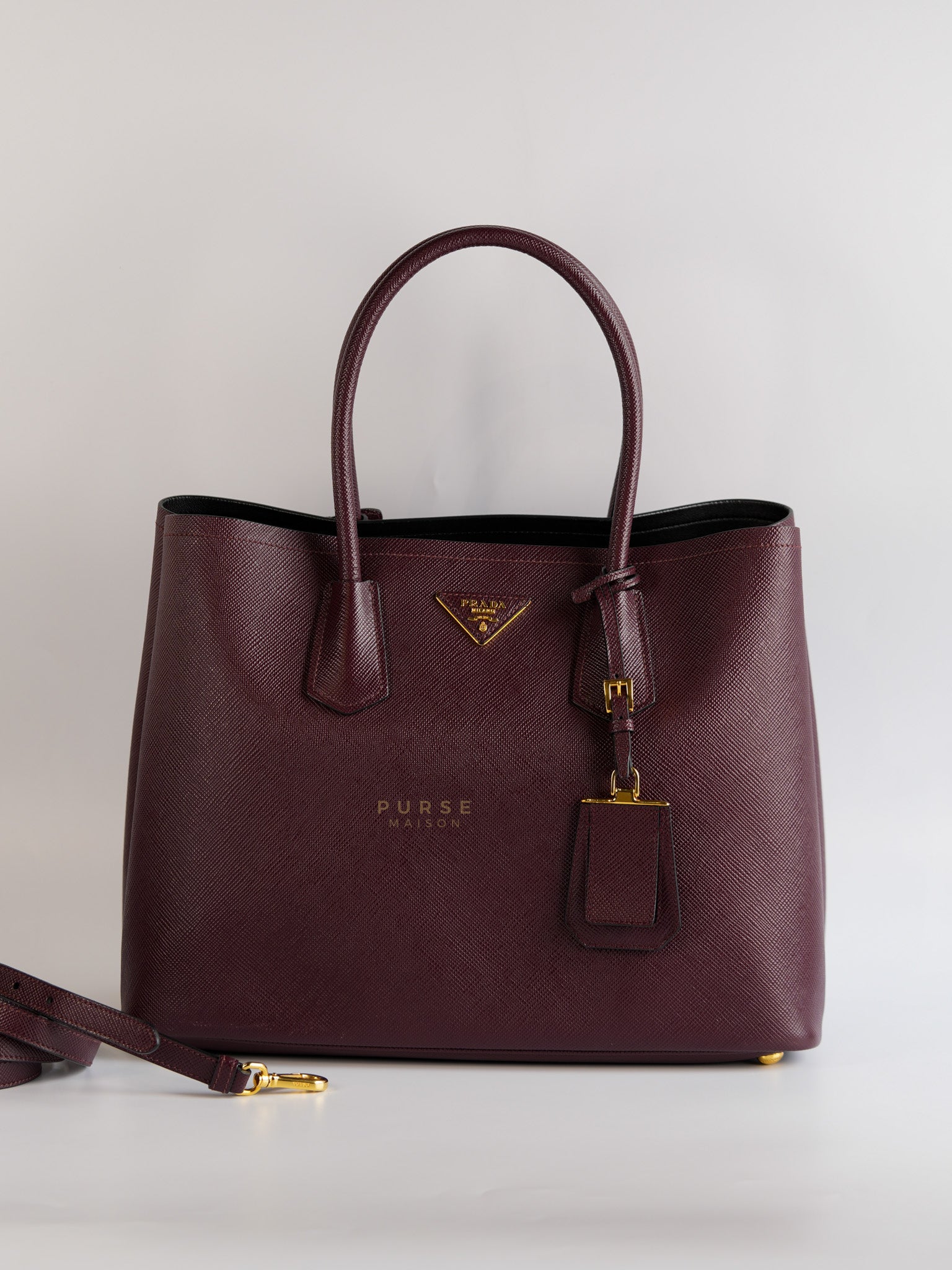 Double Handle Tote Medium in Maroon Saffiano Cuir Leather | Purse Maison Luxury Bags Shop