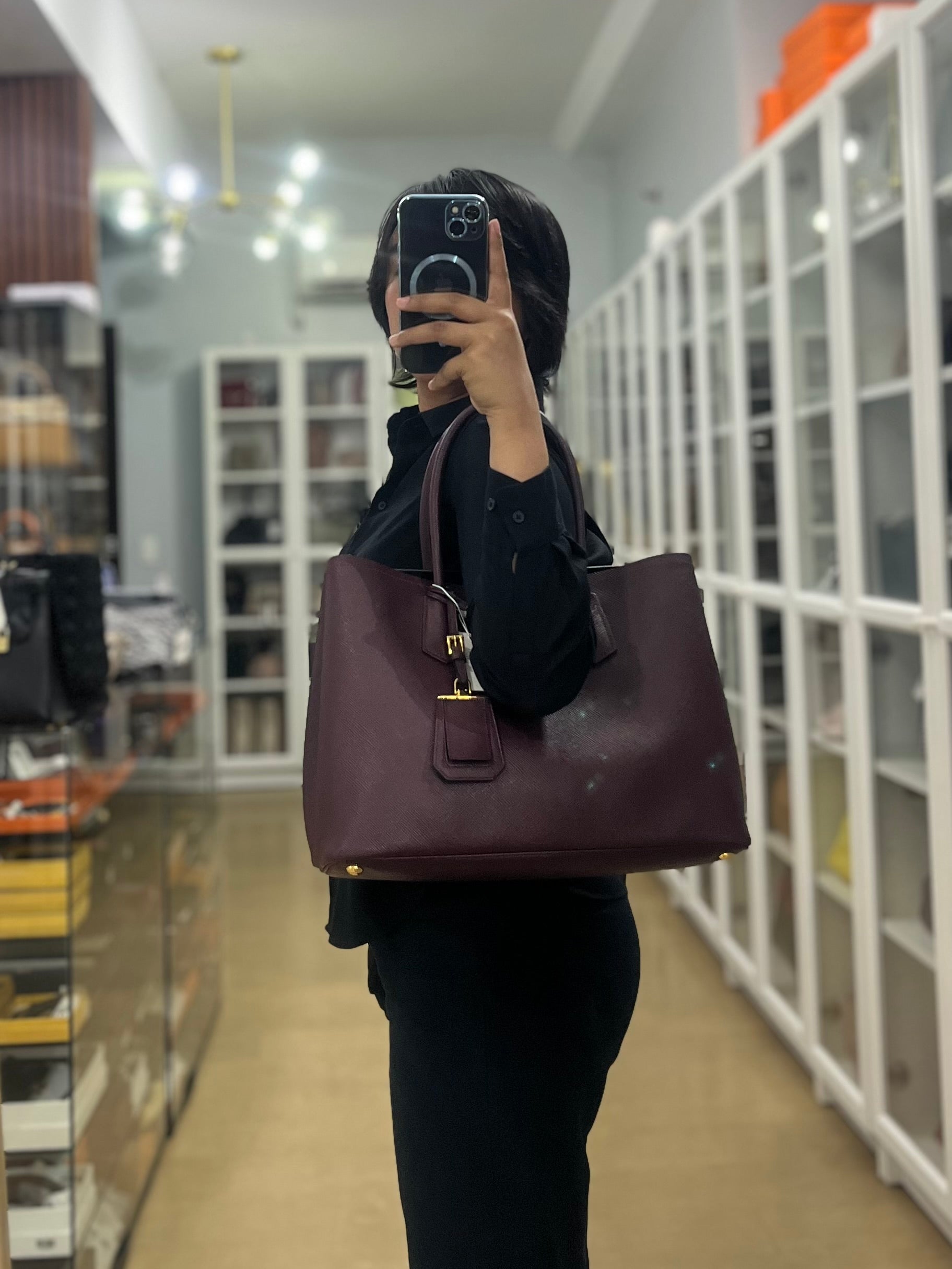 Double Handle Tote Medium in Maroon Saffiano Cuir Leather | Purse Maison Luxury Bags Shop