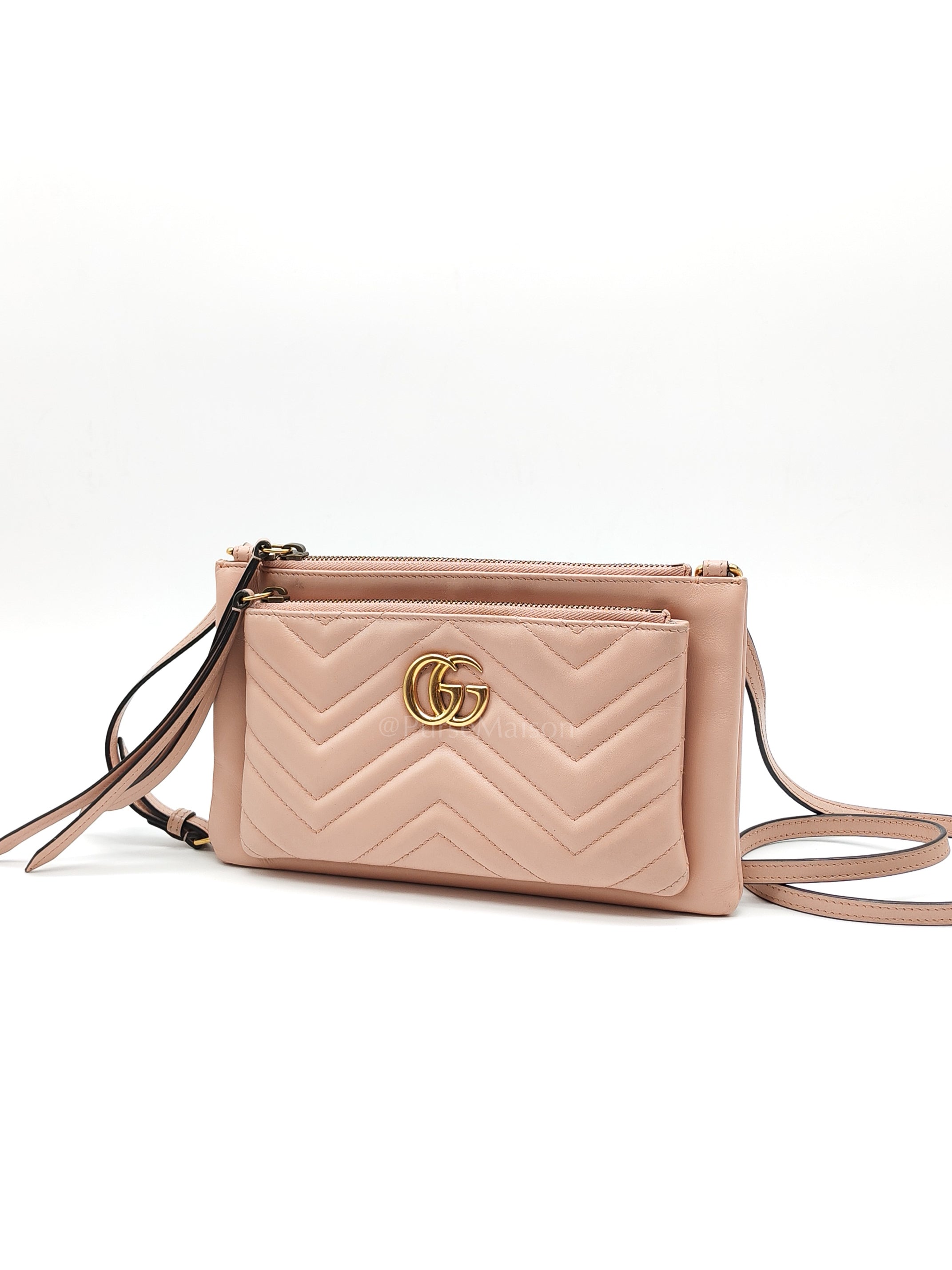 Double Pouch Shoulder Bag in Blush Pink Marmont Matellase Leather & Gold Hardware | Purse Maison Luxury Bags Shop