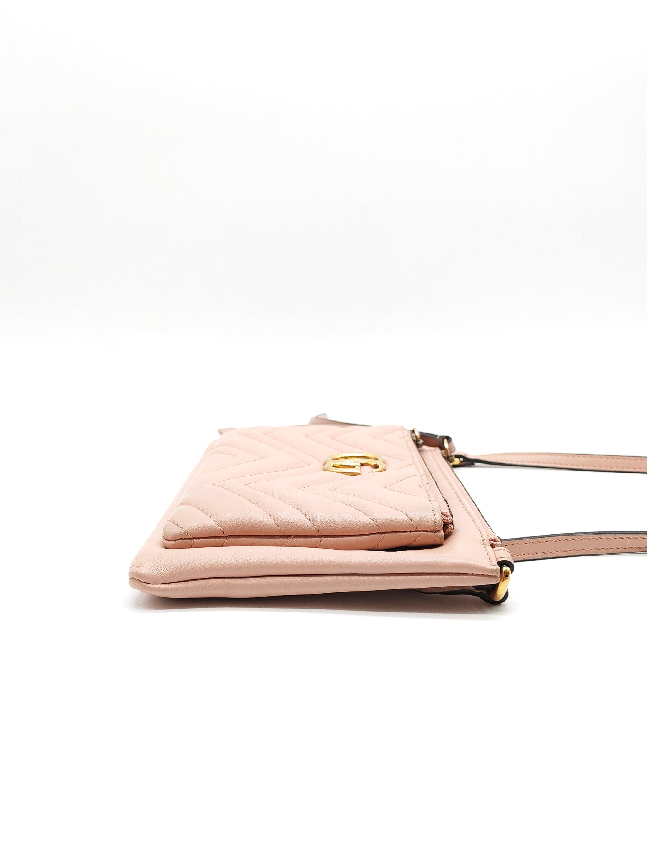 Double Pouch Shoulder Bag in Blush Pink Marmont Matellase Leather & Gold Hardware | Purse Maison Luxury Bags Shop