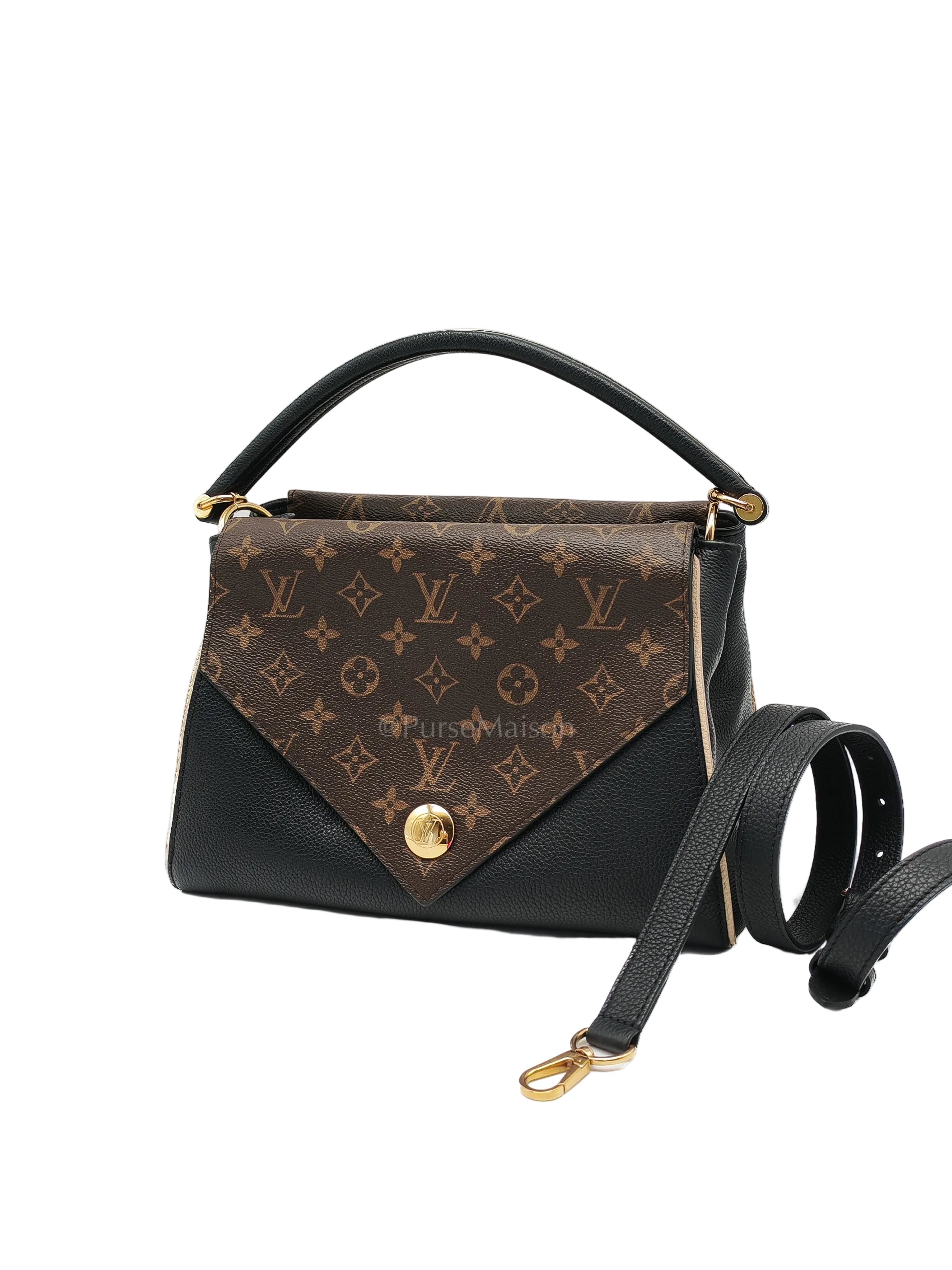 Double V Monogram Canvas and Black Grained Leather Shoulder Bag (Date Code: TR4137) | Purse Maison Luxury Bags Shop
