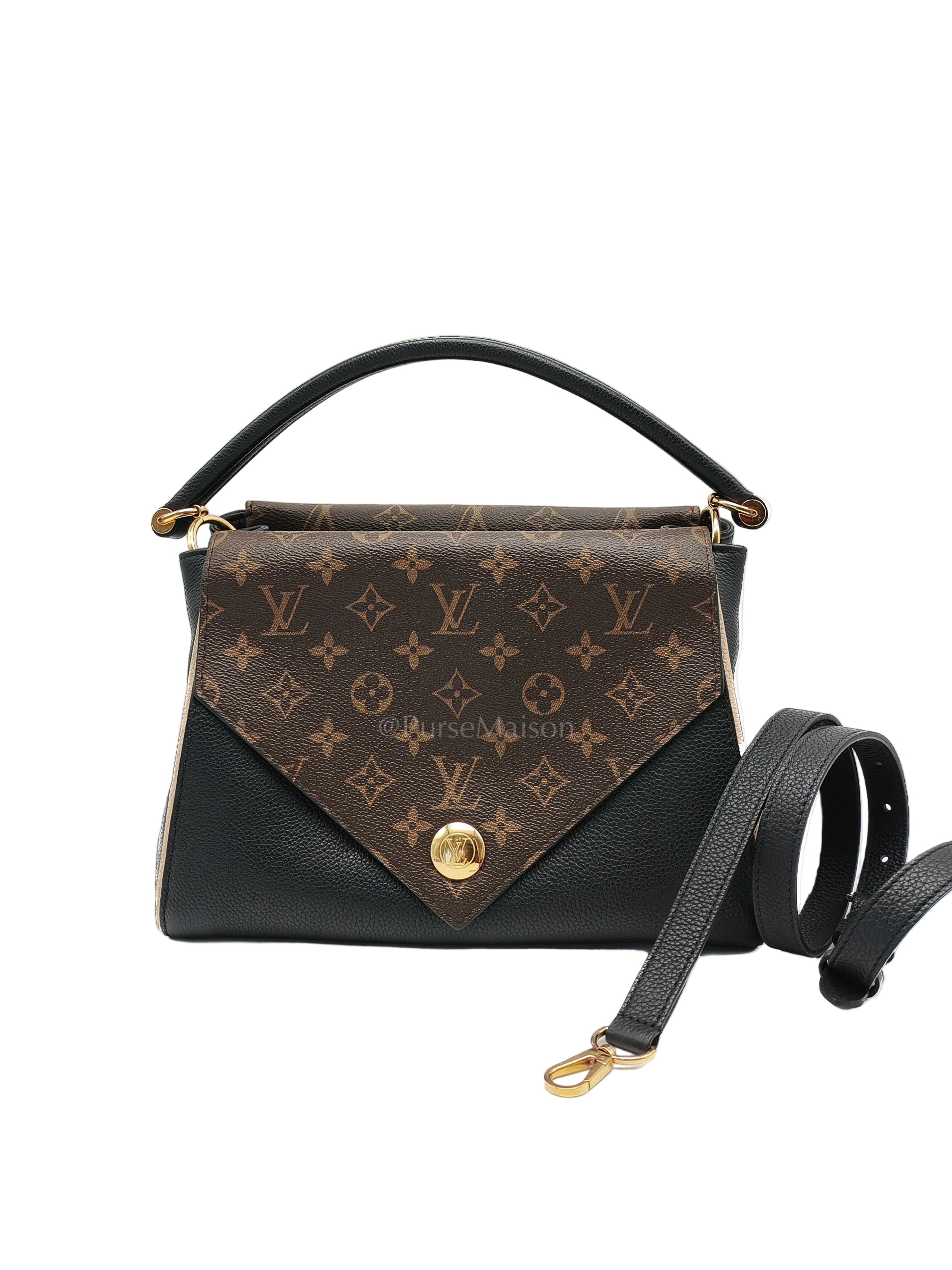 Double V Monogram Canvas and Black Grained Leather Shoulder Bag (Date Code: TR4137) | Purse Maison Luxury Bags Shop