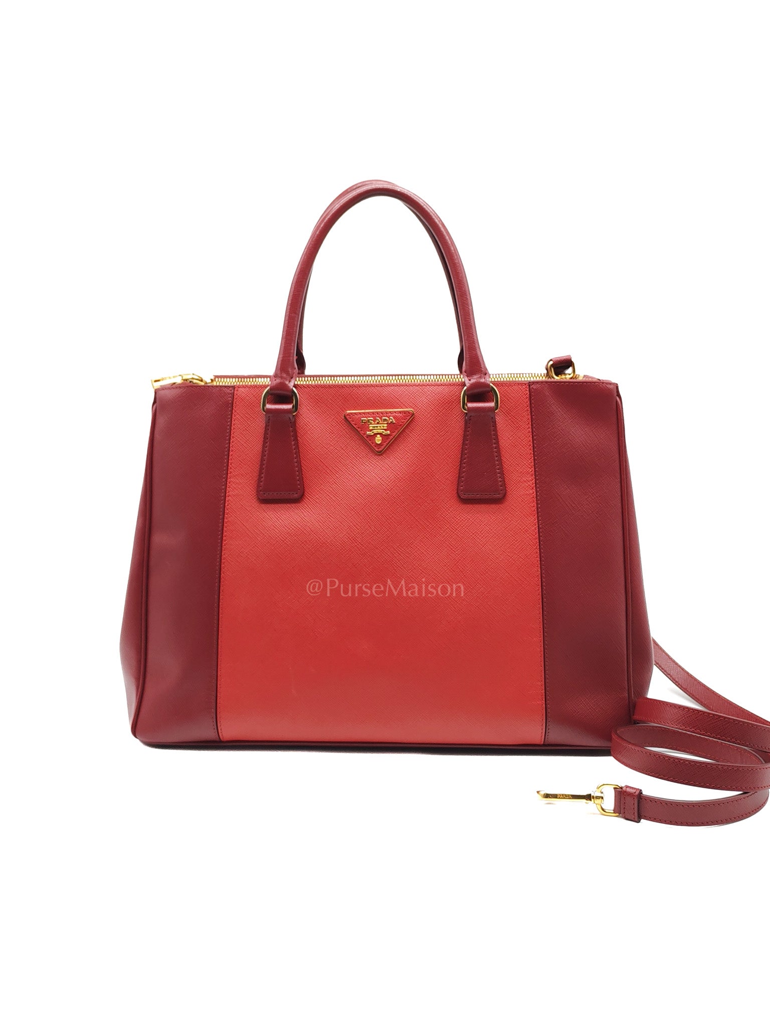 Double Zip Tote in Bi-color Saffiano Lux Cerise and Fuoco | Purse Maison Luxury Bags Shop