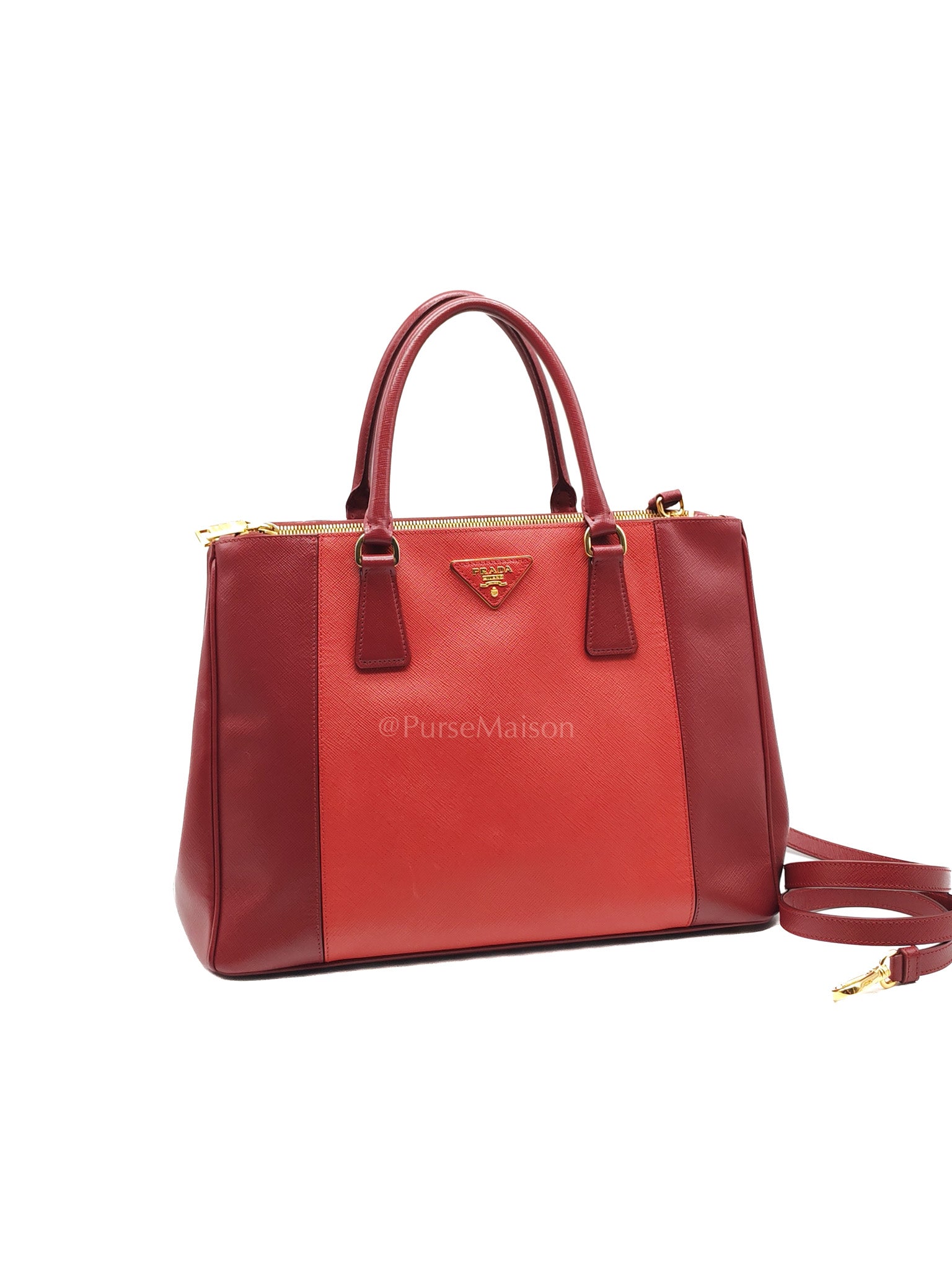 Double Zip Tote in Bi-color Saffiano Lux Cerise and Fuoco | Purse Maison Luxury Bags Shop
