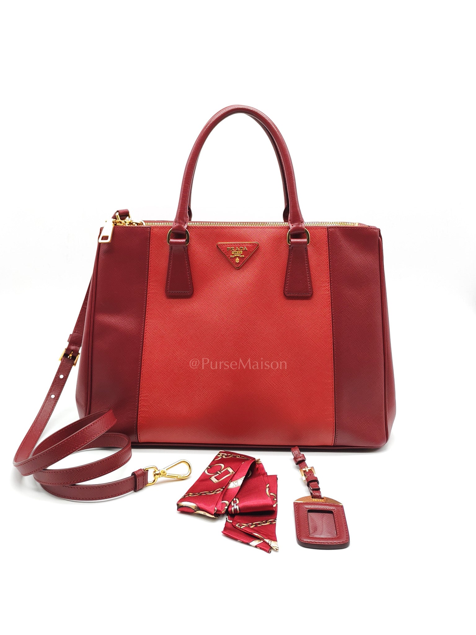 Double Zip Tote in Bi-color Saffiano Lux Cerise and Fuoco | Purse Maison Luxury Bags Shop
