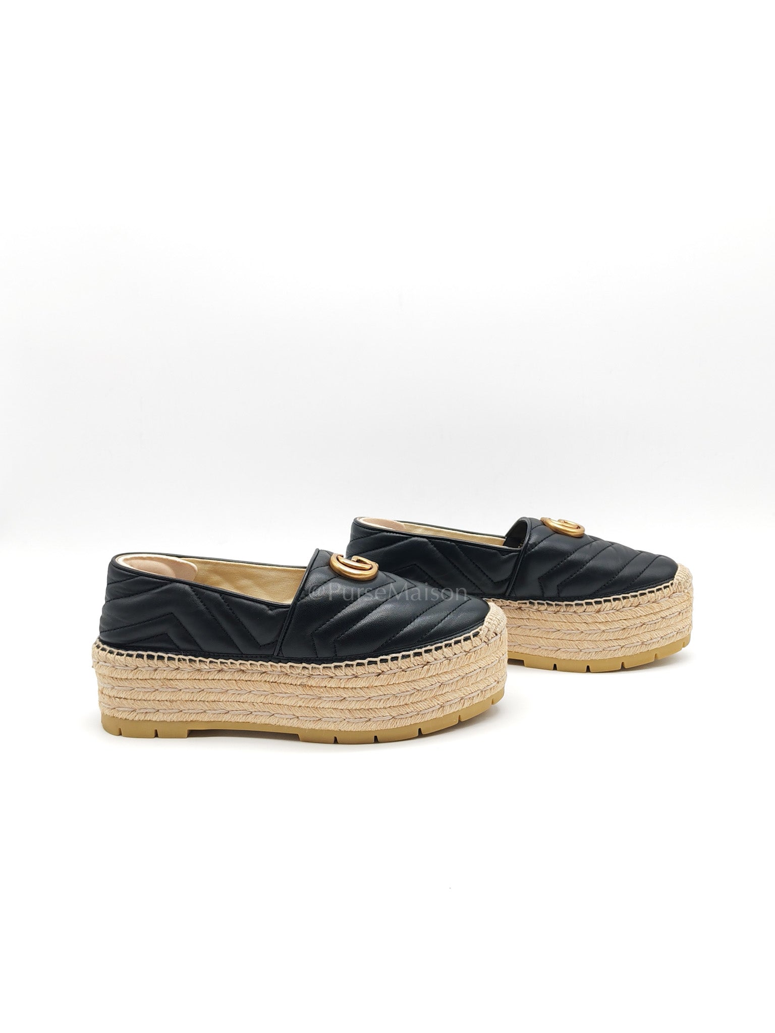 Double G Matelasse Espadrilles in Black Chevron Matellase Leather Size 38 1/2 (24.5cm)