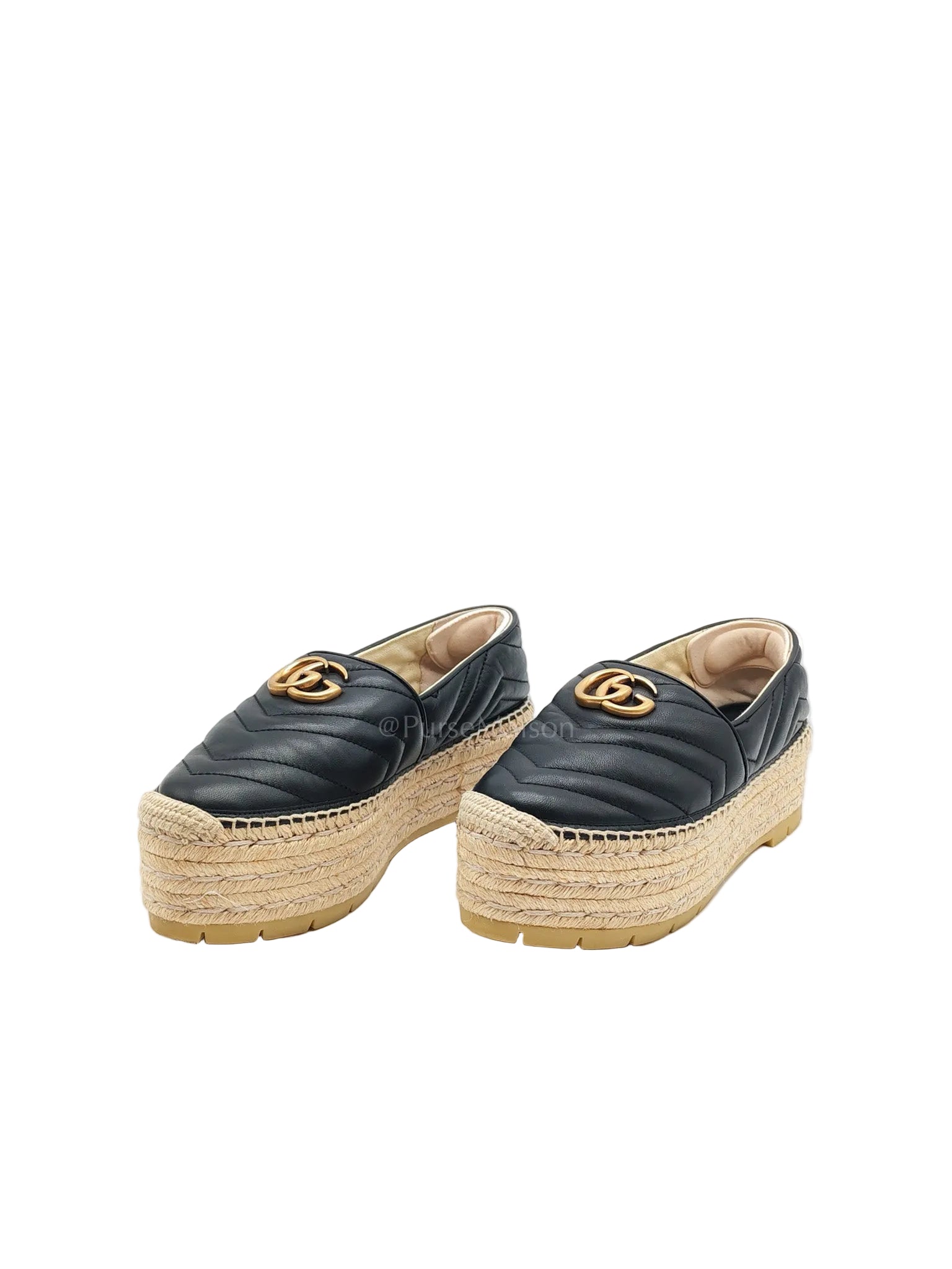 Double G Matelasse Espadrilles in Black Chevron Matellase Leather Size 38 1/2 (24.5cm)