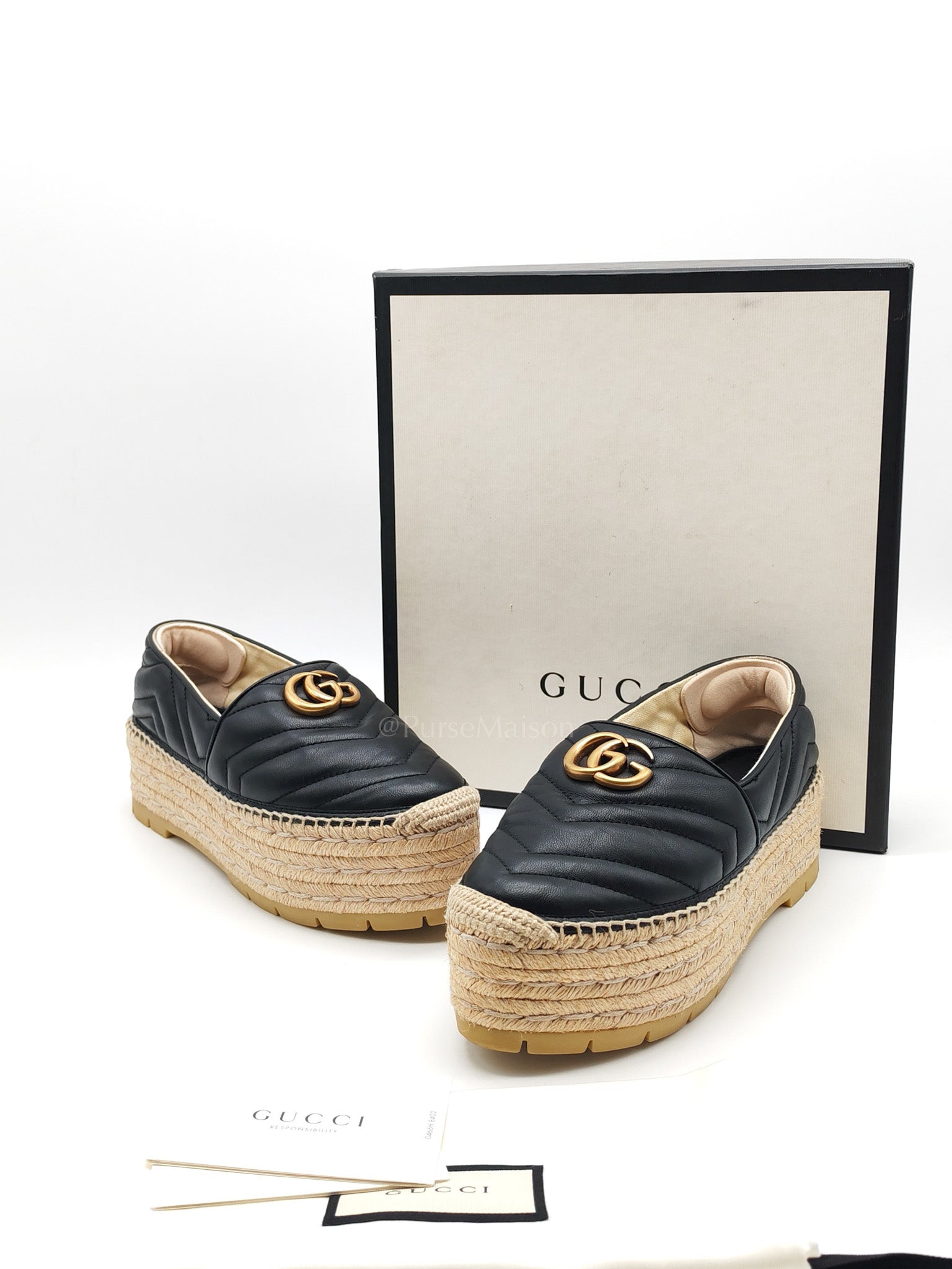 Double G Matelasse Espadrilles in Black Chevron Matellase Leather Size 38 1/2 (24.5cm)