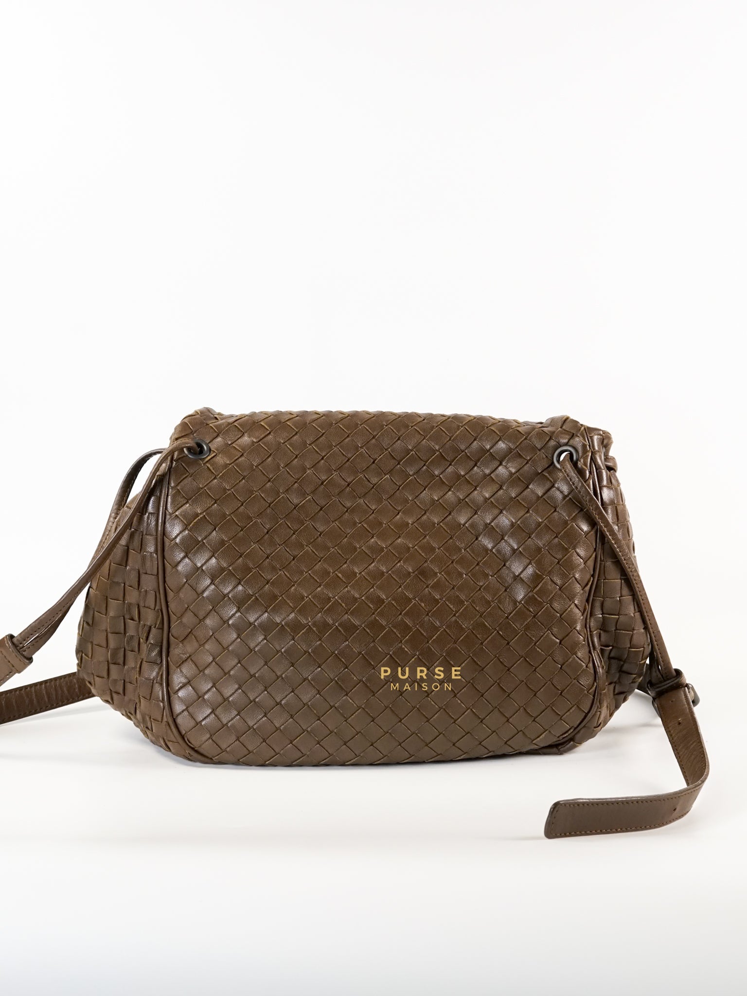 Drawstring Flap Brown Intrecciato Leather Bag | Purse Maison Luxury Bags Shop