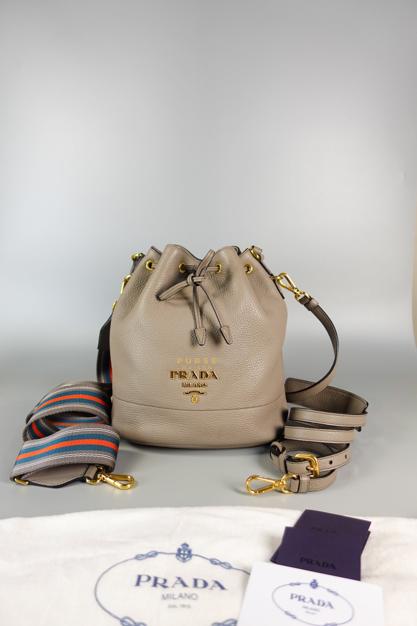 Dual Strap with Top Handle Bucket Bag in Beige | Purse Maison Luxury Bags Shop