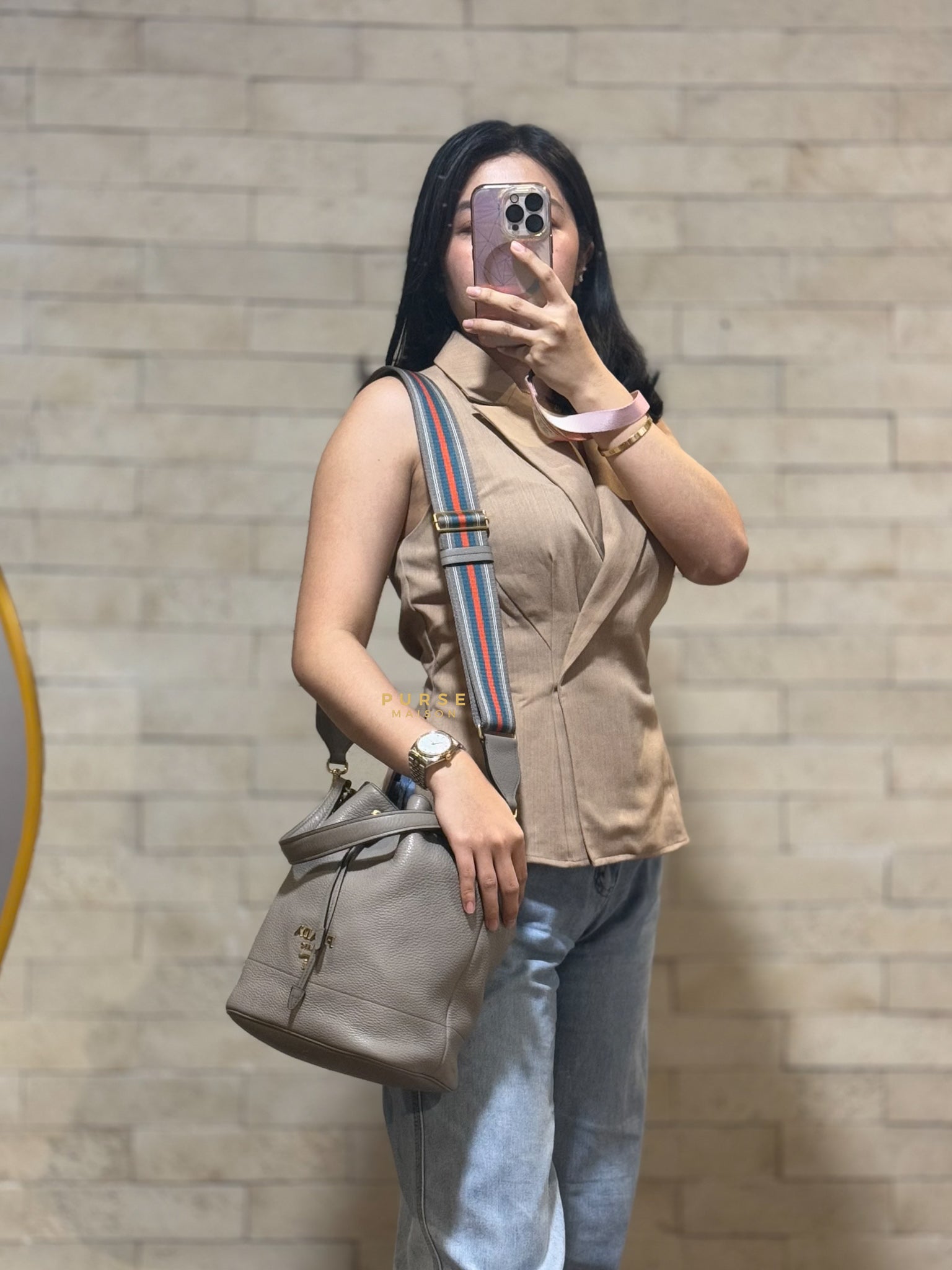 Dual Strap with Top Handle Bucket Bag in Beige | Purse Maison Luxury Bags Shop