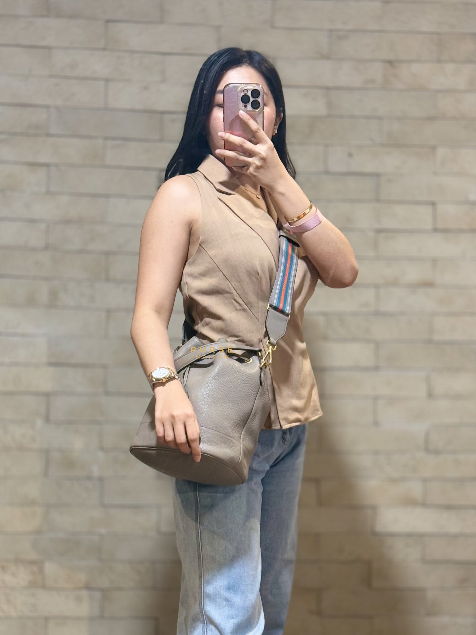 Dual Strap with Top Handle Bucket Bag in Beige | Purse Maison Luxury Bags Shop