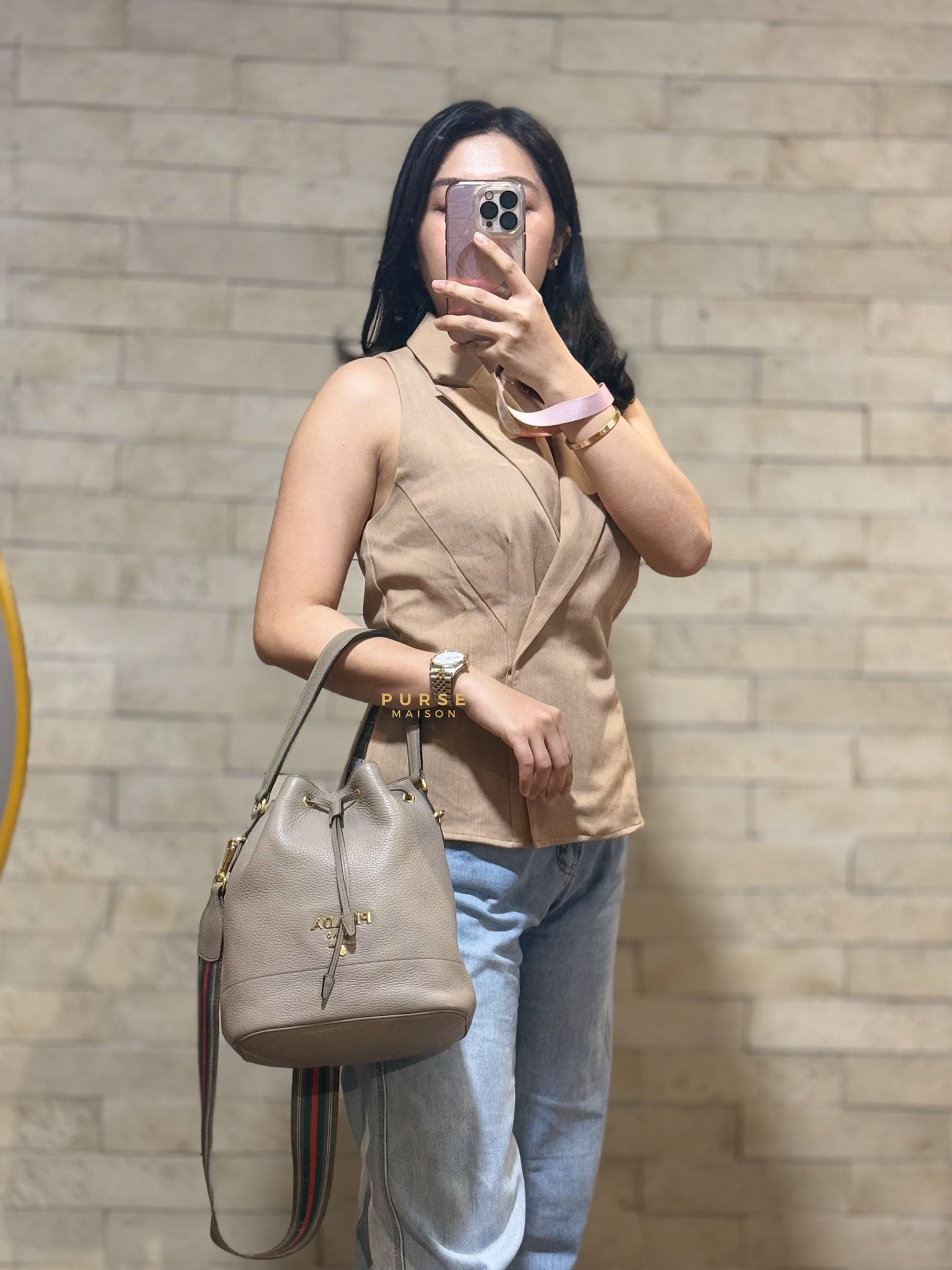 Dual Strap with Top Handle Bucket Bag in Beige | Purse Maison Luxury Bags Shop