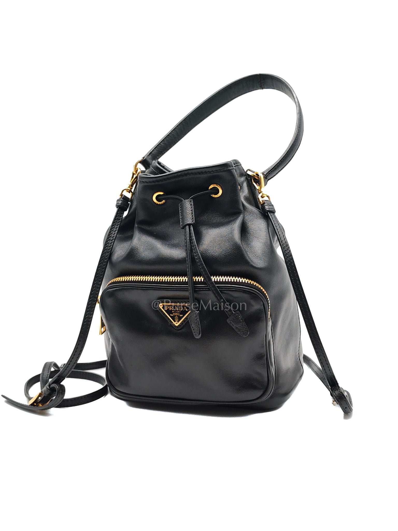 Duet Bucket Bag in Black Smooth Calfskin Leather Crossbody Bag | Purse Maison Luxury Bags Shop