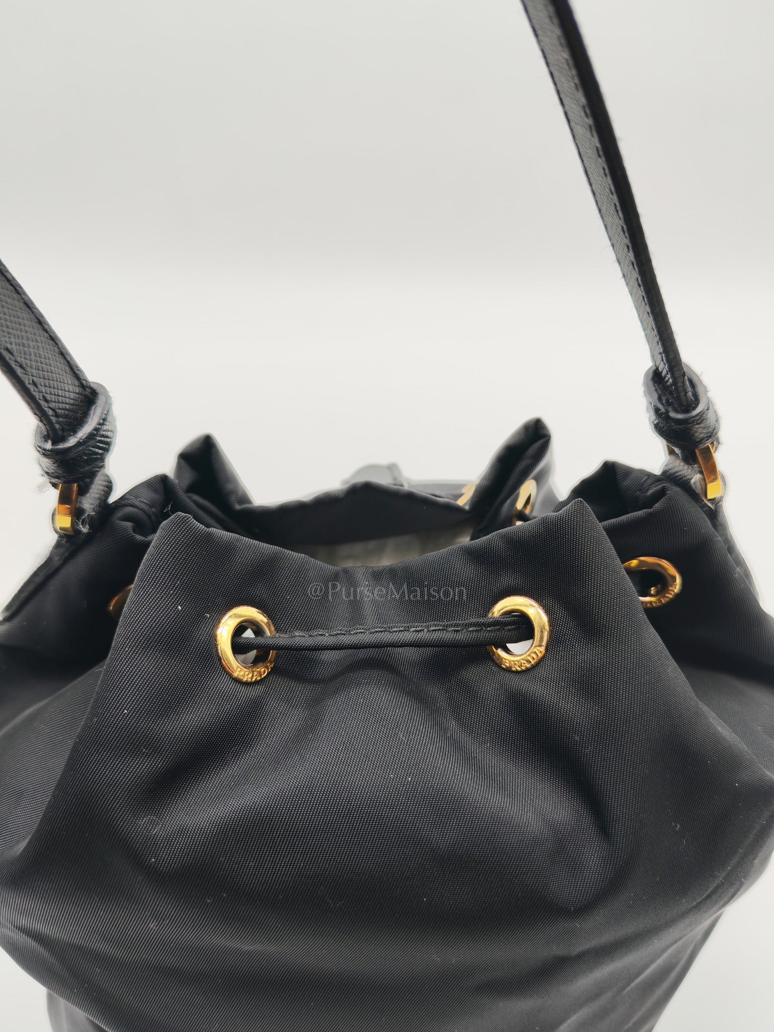 Duet Re-Nylon Black Drawstring Bucket Bag | Purse Maison Luxury Bags Shop
