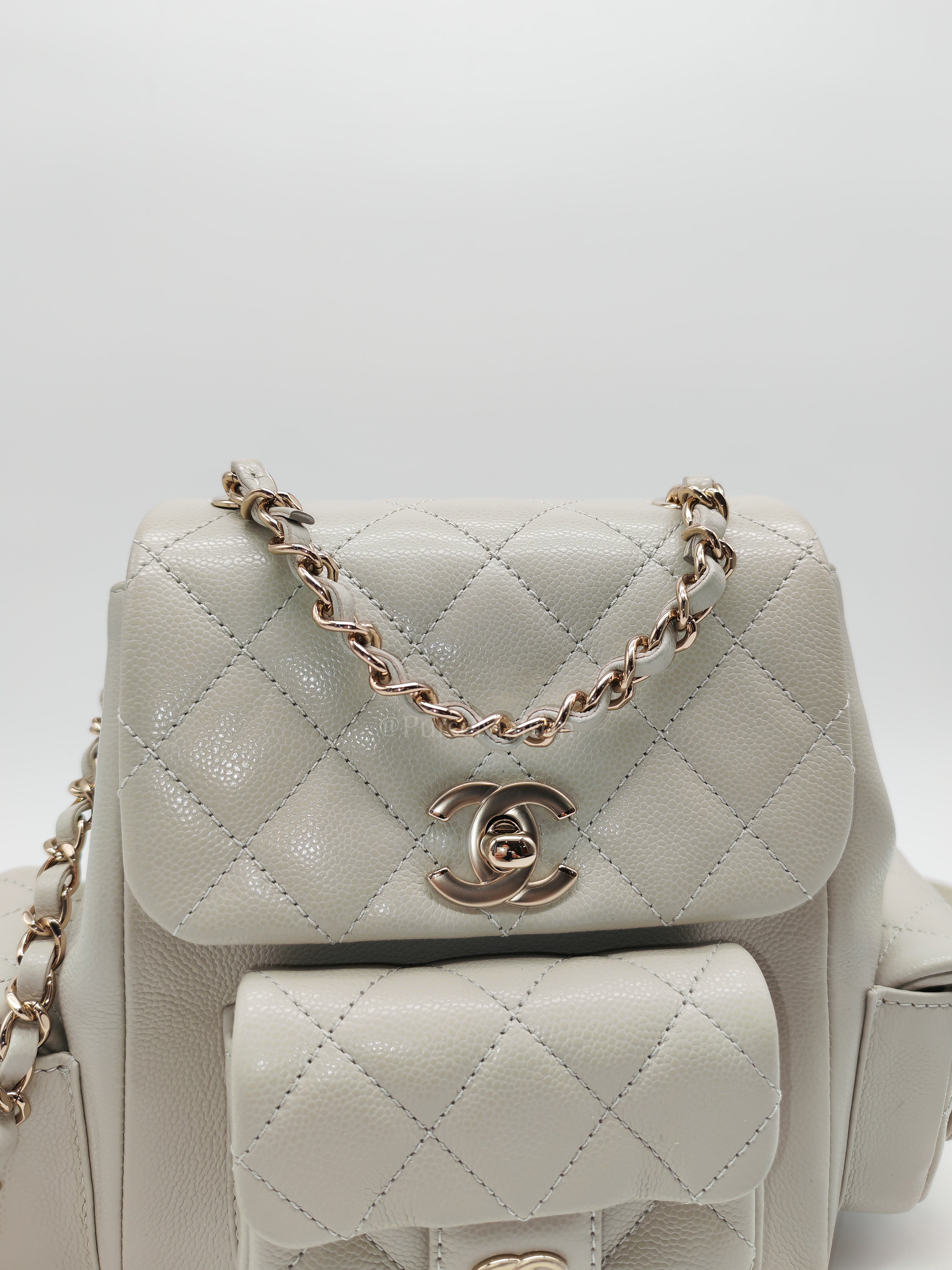Duma Backpack Small in Gray Caviar Leather & Light Gold Hardware Microchip | Purse Maison Luxury Bags Shop