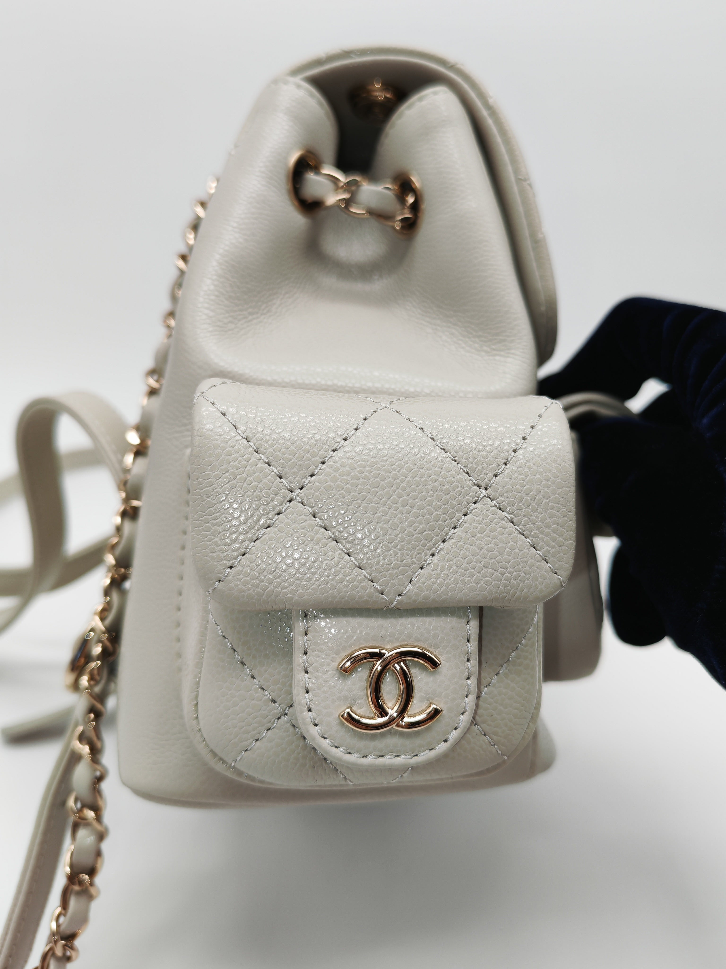 Duma Backpack Small in Gray Caviar Leather & Light Gold Hardware Microchip | Purse Maison Luxury Bags Shop