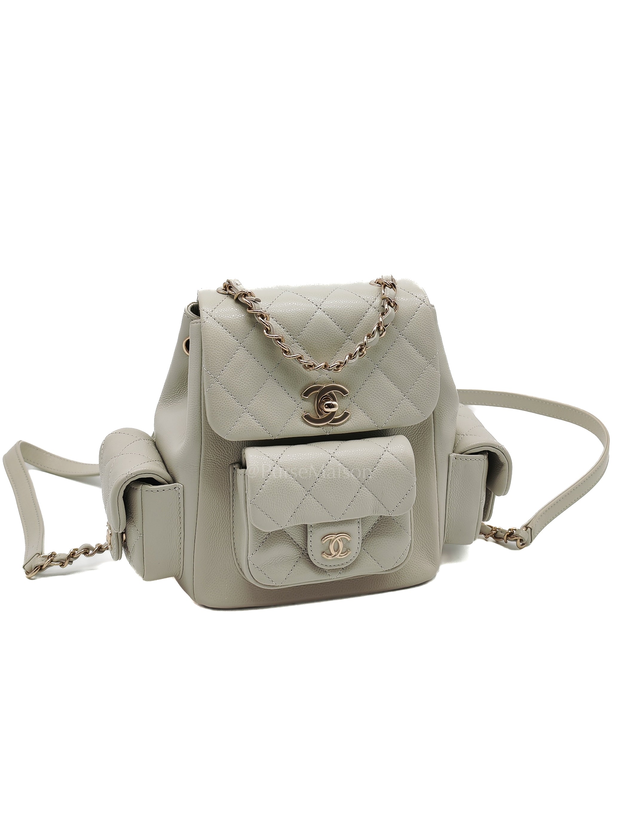 Duma Backpack Small in Gray Caviar Leather & Light Gold Hardware Microchip | Purse Maison Luxury Bags Shop