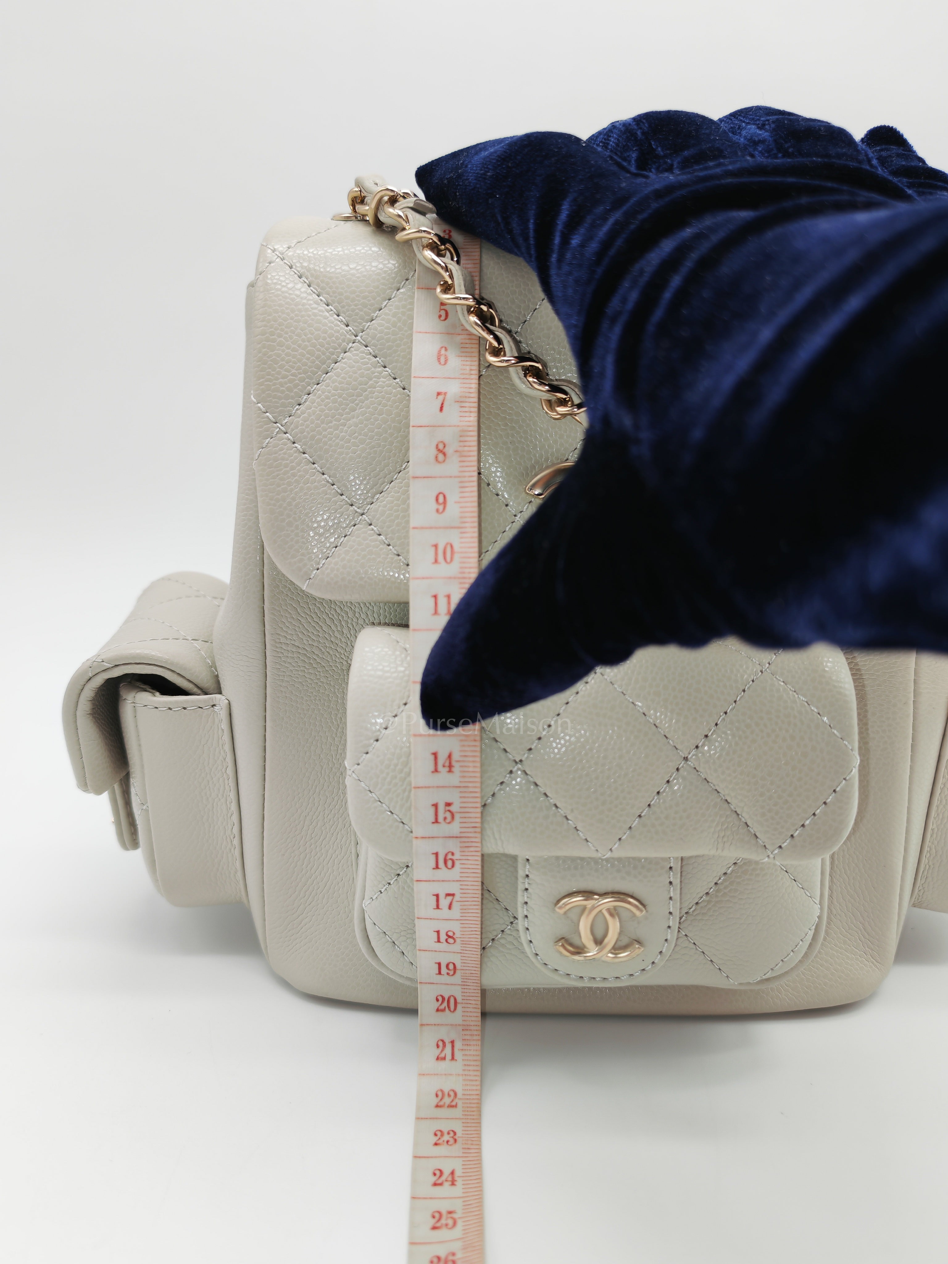 Duma Backpack Small in Gray Caviar Leather & Light Gold Hardware Microchip | Purse Maison Luxury Bags Shop