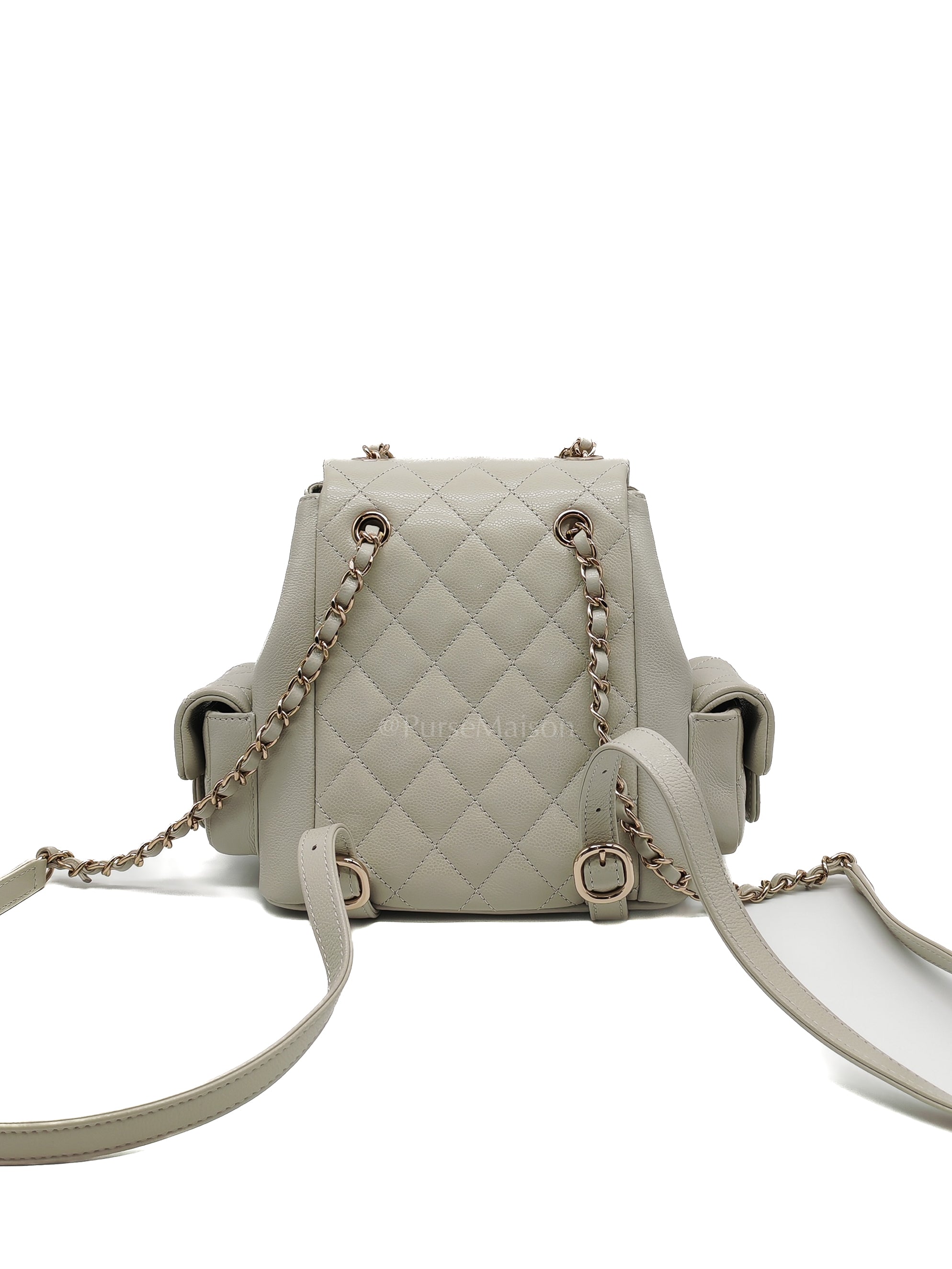 Duma Backpack Small in Gray Caviar Leather & Light Gold Hardware Microchip | Purse Maison Luxury Bags Shop