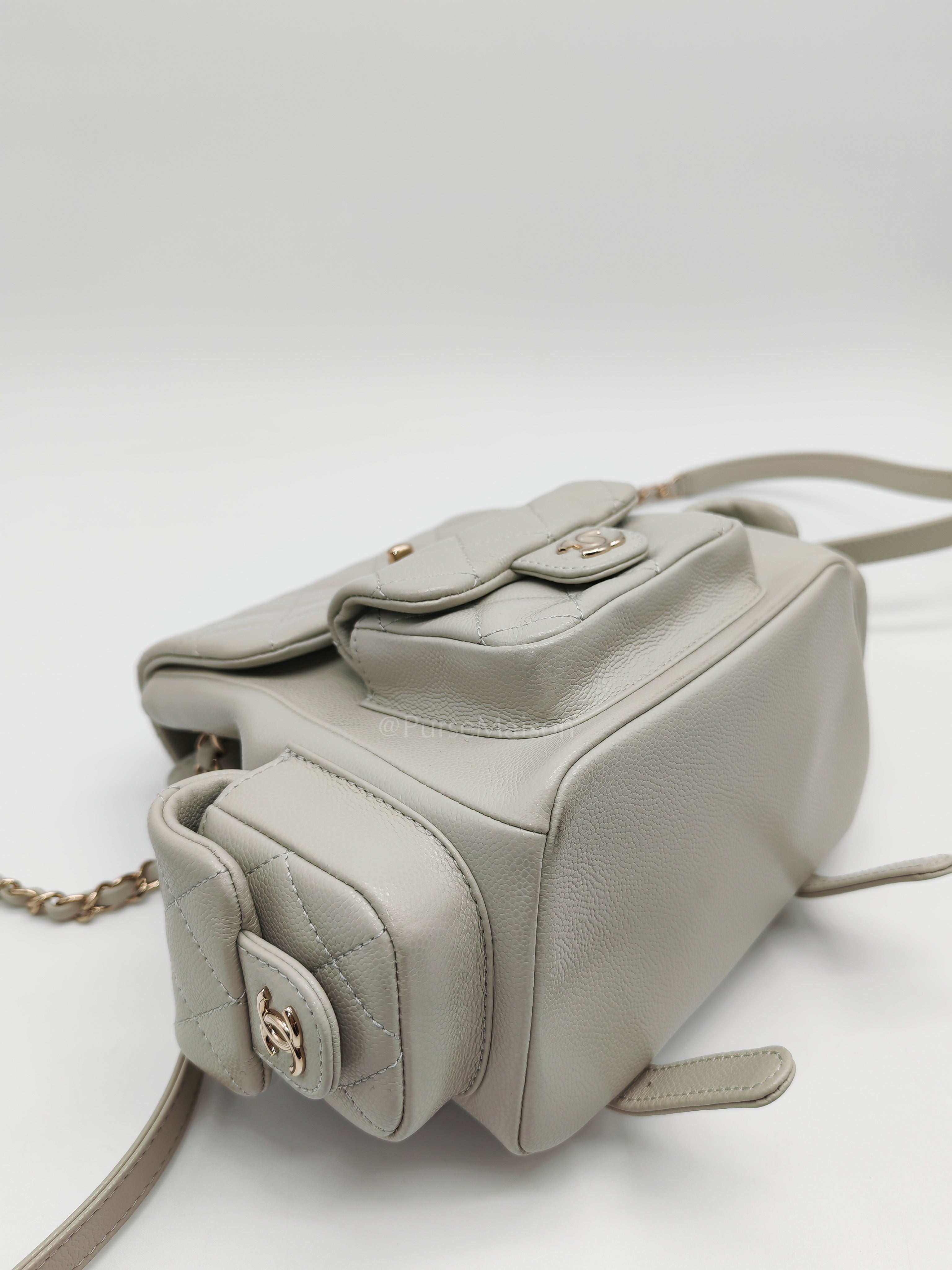 Duma Backpack Small in Gray Caviar Leather & Light Gold Hardware Microchip | Purse Maison Luxury Bags Shop