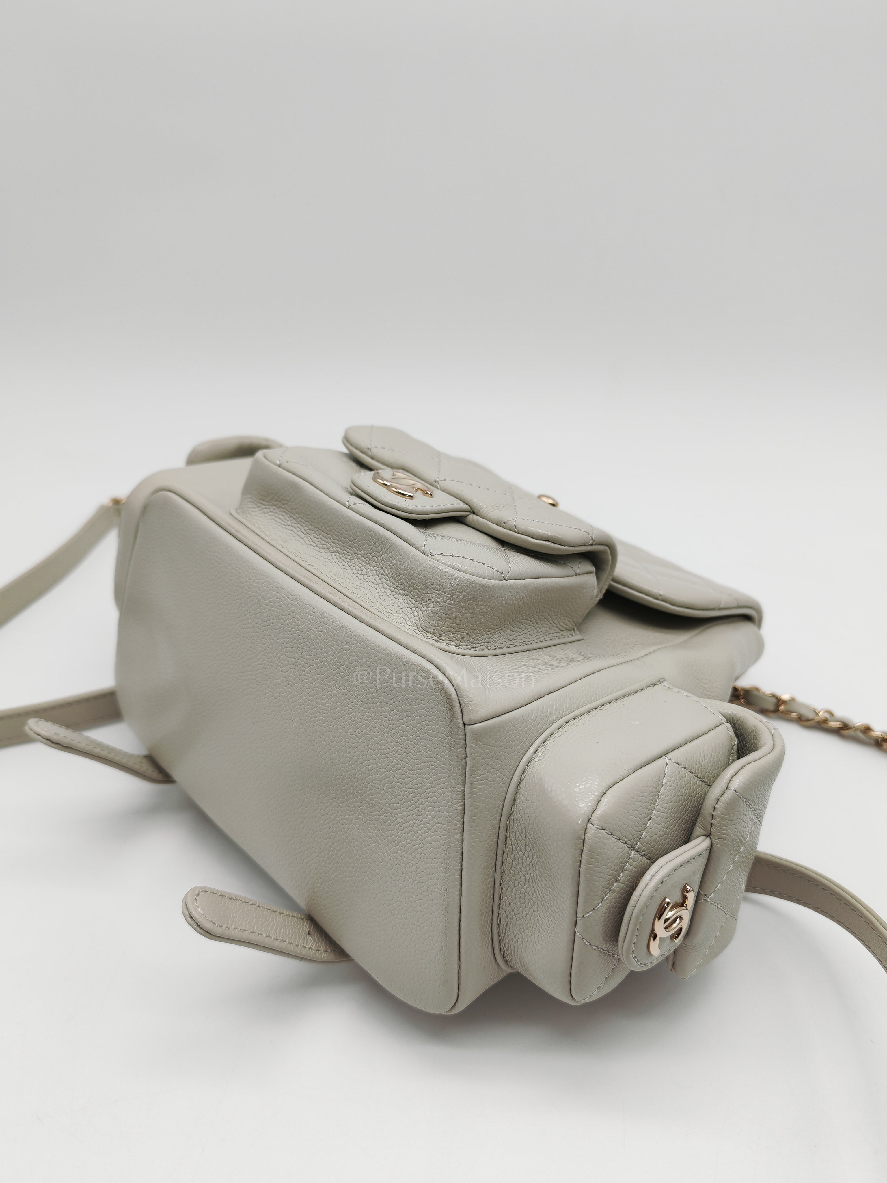 Duma Backpack Small in Gray Caviar Leather & Light Gold Hardware Microchip | Purse Maison Luxury Bags Shop
