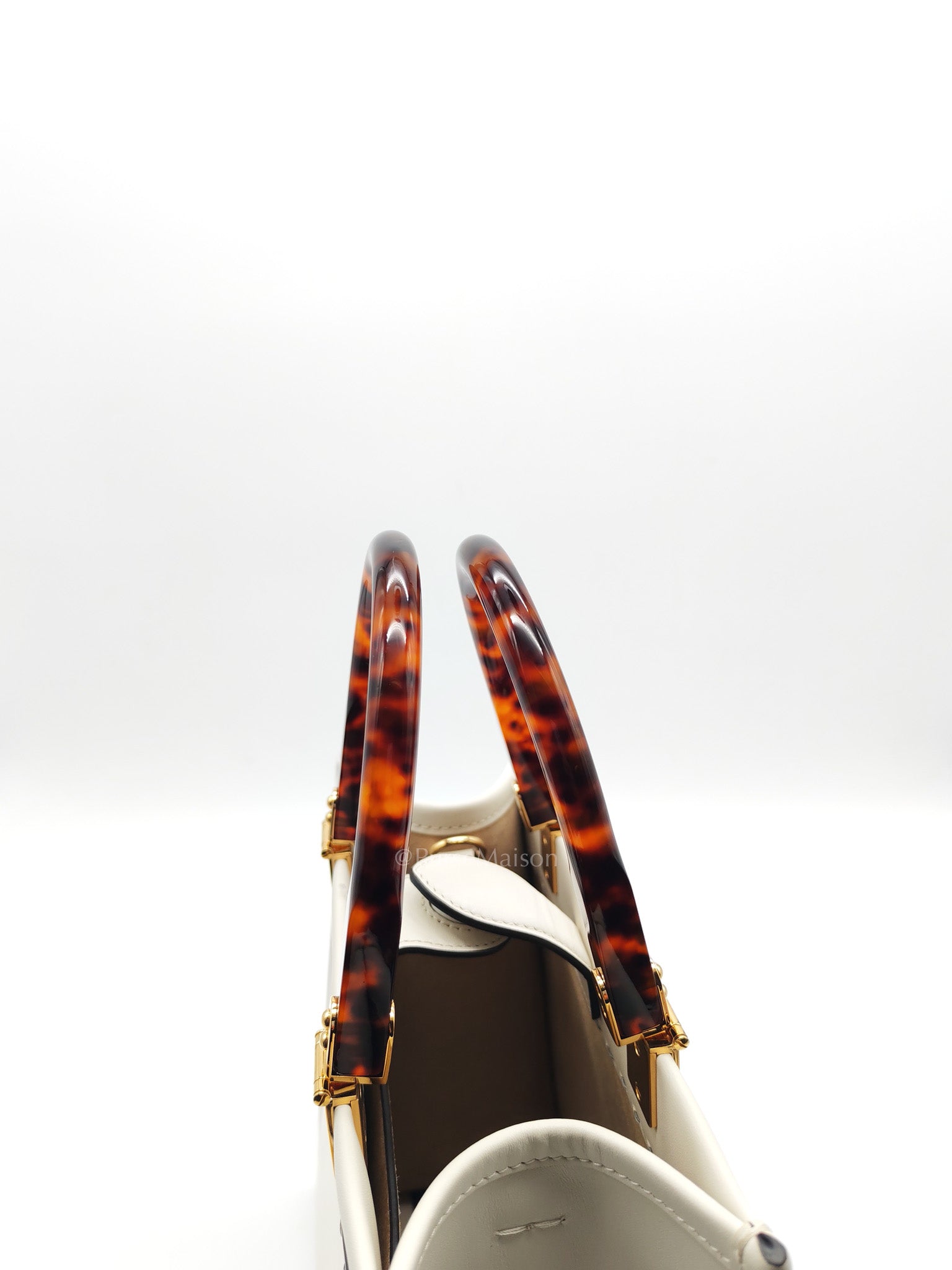 2-Way Sunshine Tote Bag Small in White & Tortoiseshell Plexiglass Handle