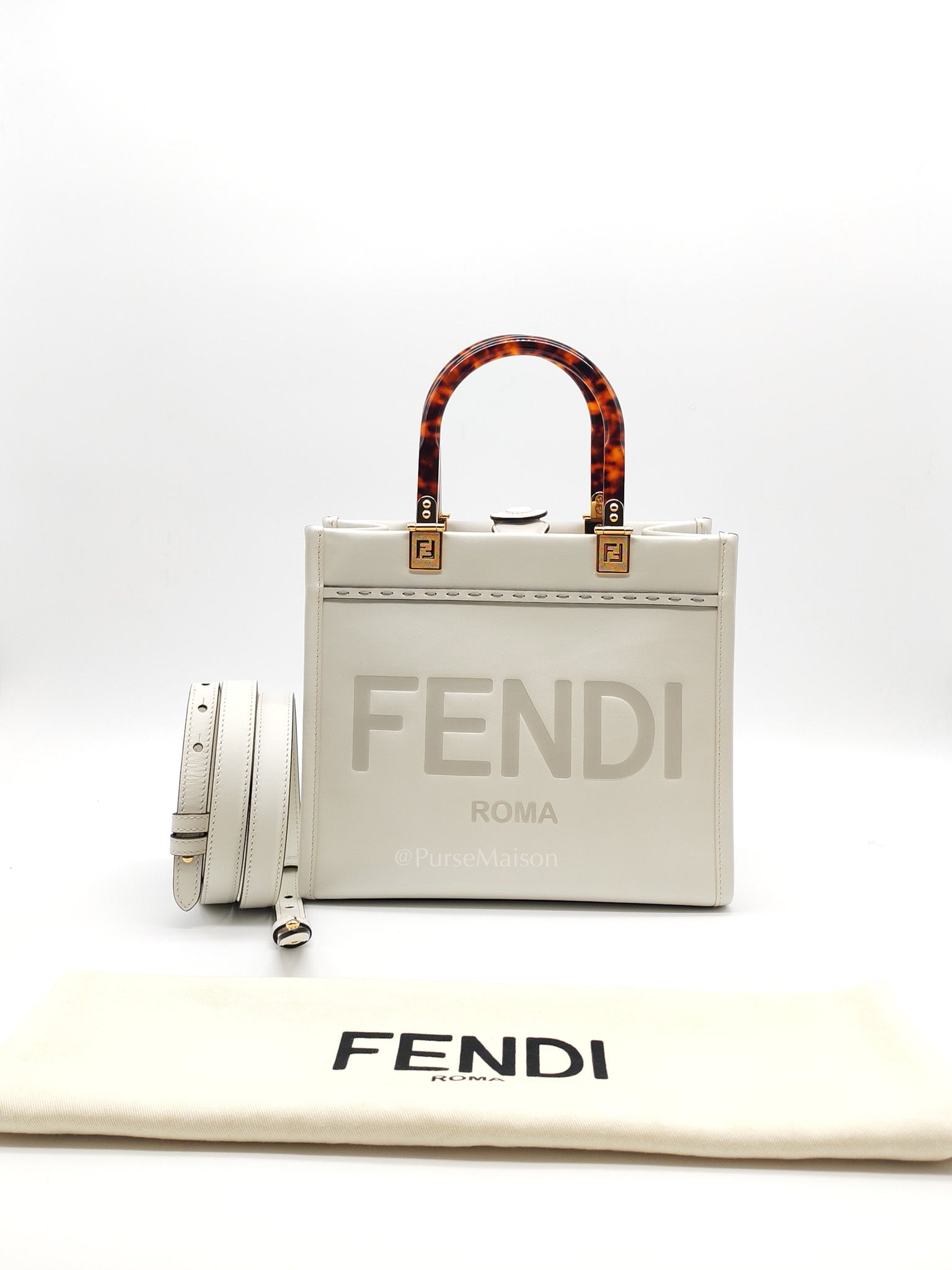 2-Way Sunshine Tote Bag Small in White & Tortoiseshell Plexiglass Handle