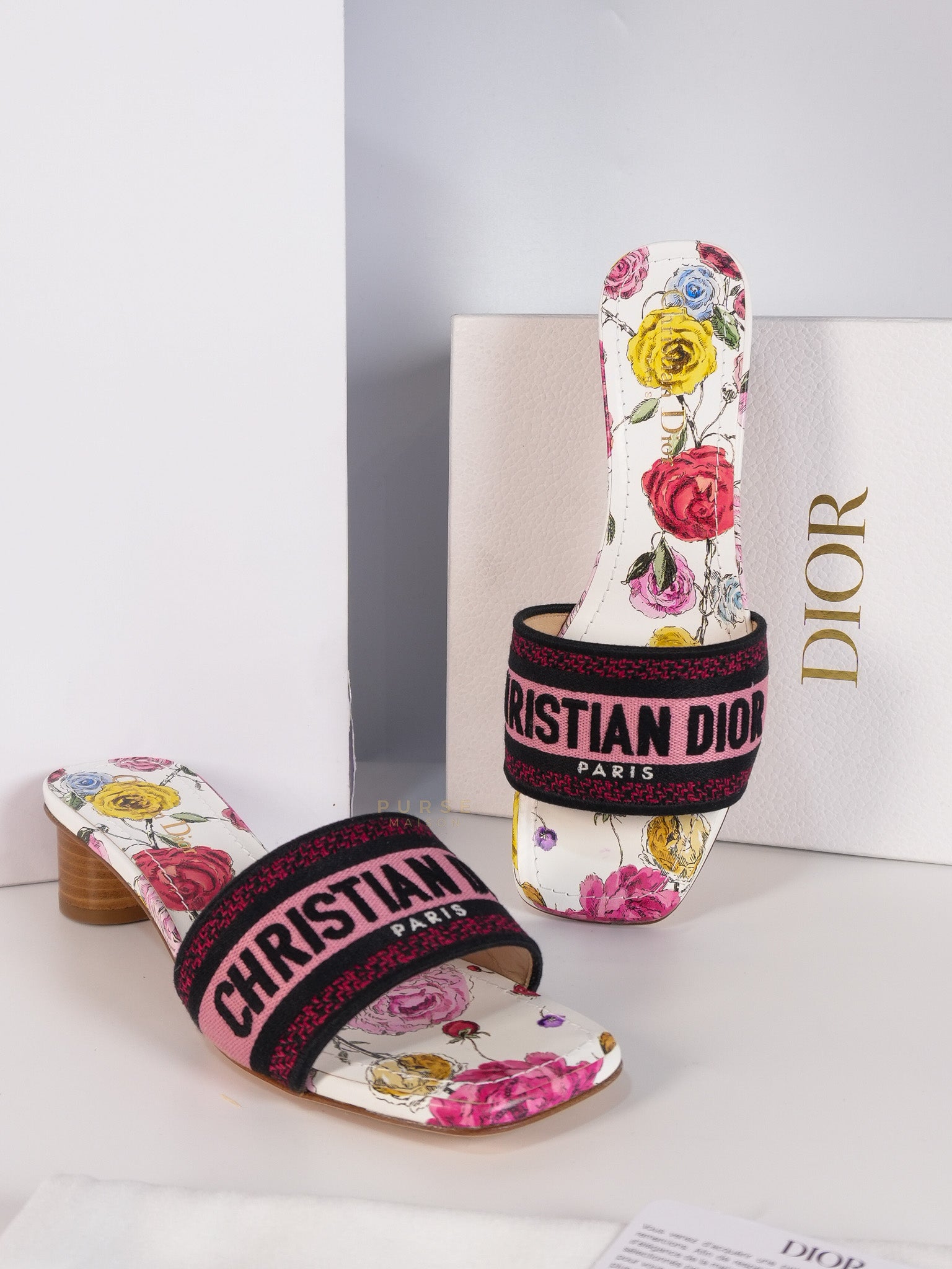 Dway Heels Slide Embroidered Cotton Pink Multicolor | Purse Maison Luxury Bags Shop