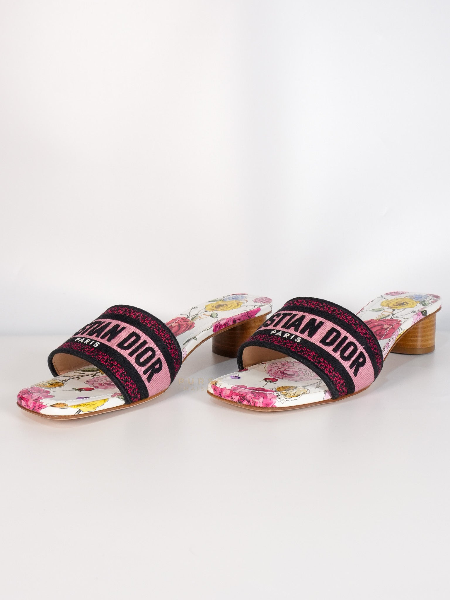 Dway Heels Slide Embroidered Cotton Pink Multicolor | Purse Maison Luxury Bags Shop