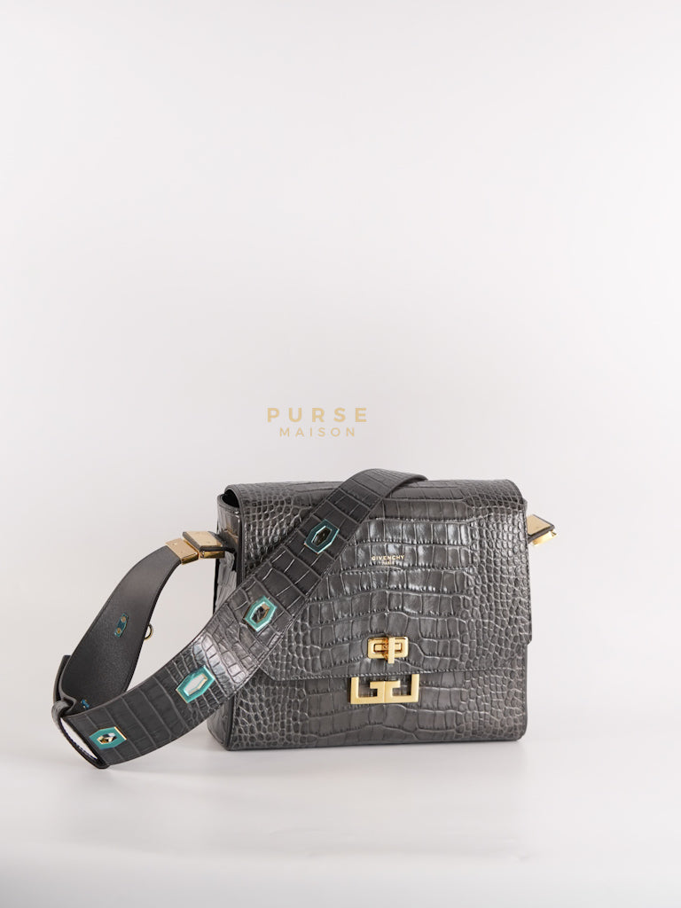 Eden Crocodile Embossed Shoulder Bag in Gray Calfskin Leather & Gold Hardware | Purse Maison Luxury Bags Shop