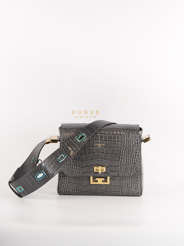 Eden Crocodile Embossed Shoulder Bag in Gray Calfskin Leather & Gold Hardware | Purse Maison Luxury Bags Shop