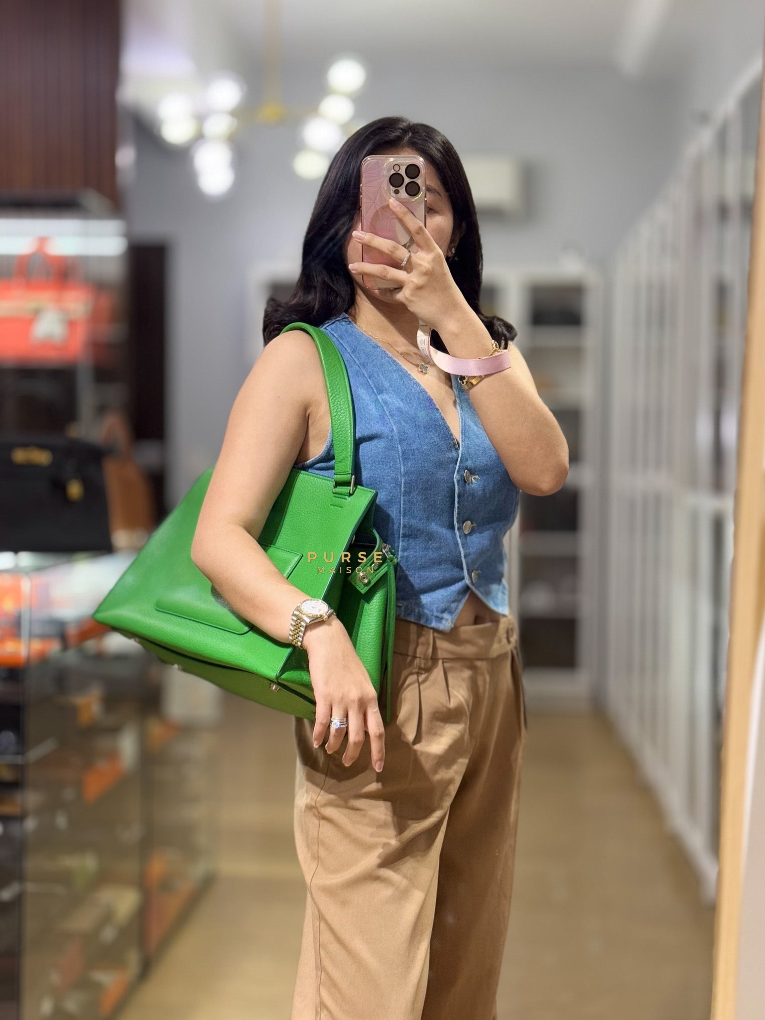 Edge Medium Hand Bag in Green Leather | Purse Maison Luxury Bags Shop