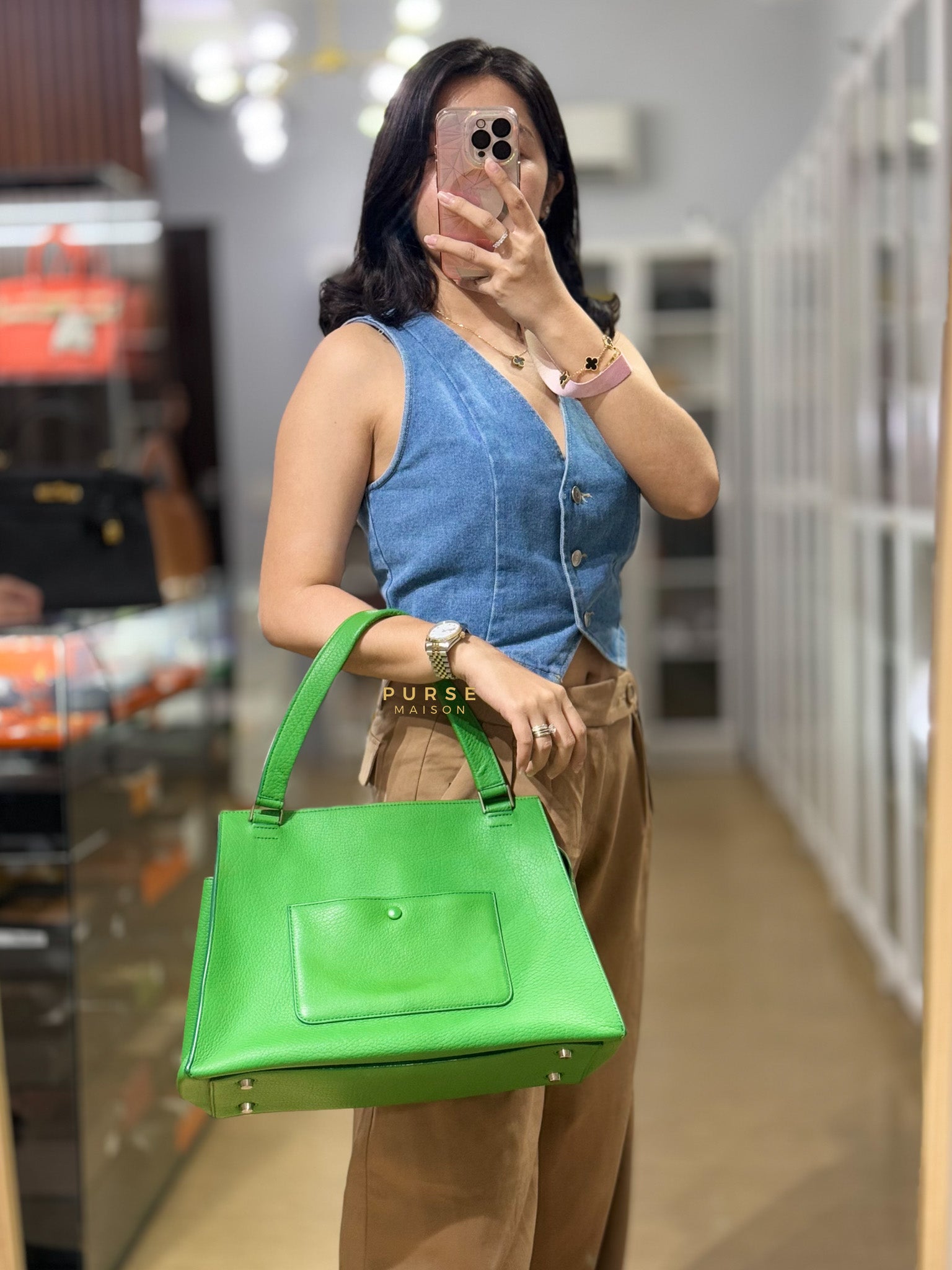 Edge Medium Hand Bag in Green Leather | Purse Maison Luxury Bags Shop