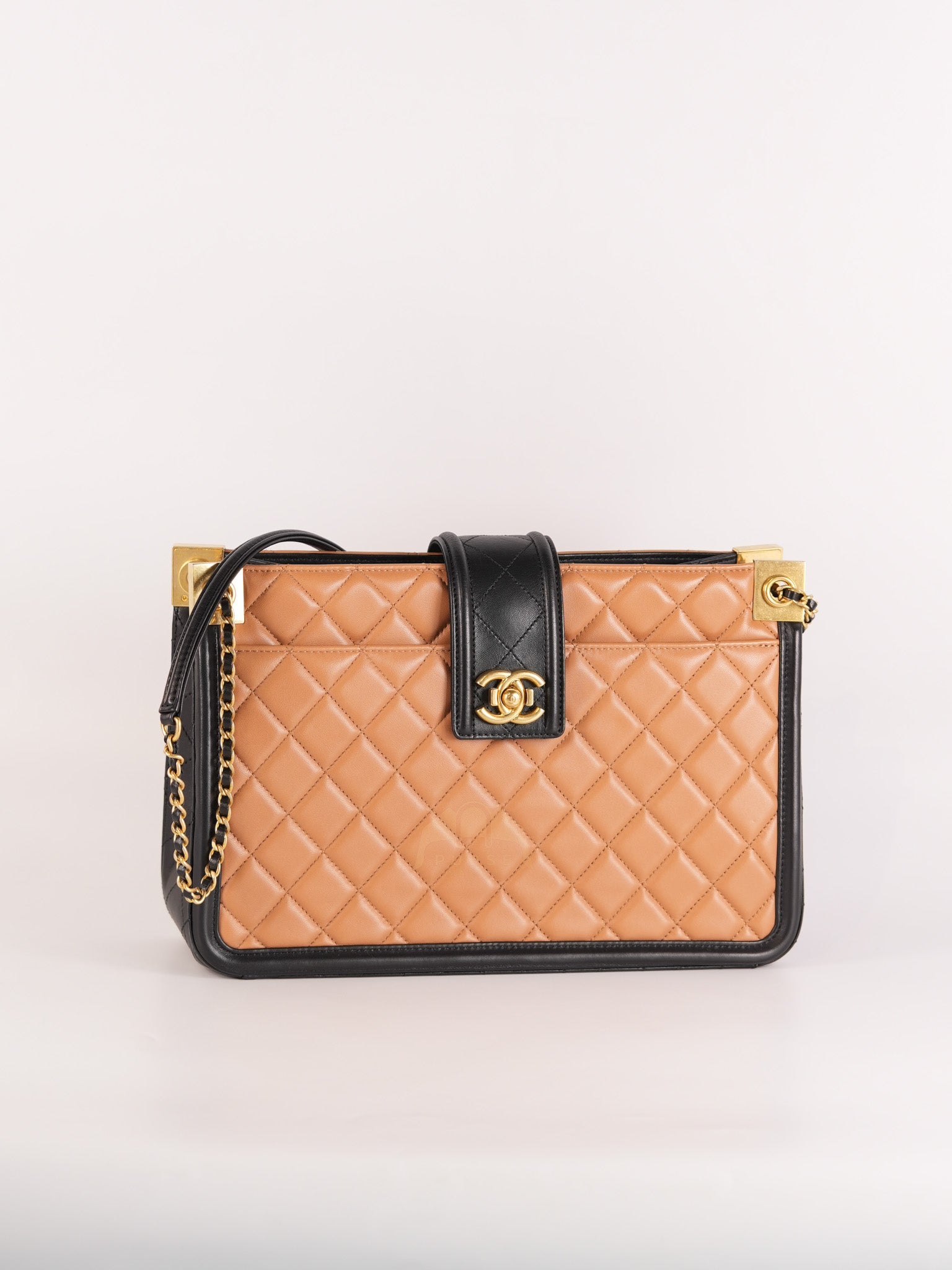Elegant CC Tote Bag Medium in Beige Black Quilted Lambskin Leather Aged Gold Hardware(Series 23) | Purse Maison Luxury Bags Shop