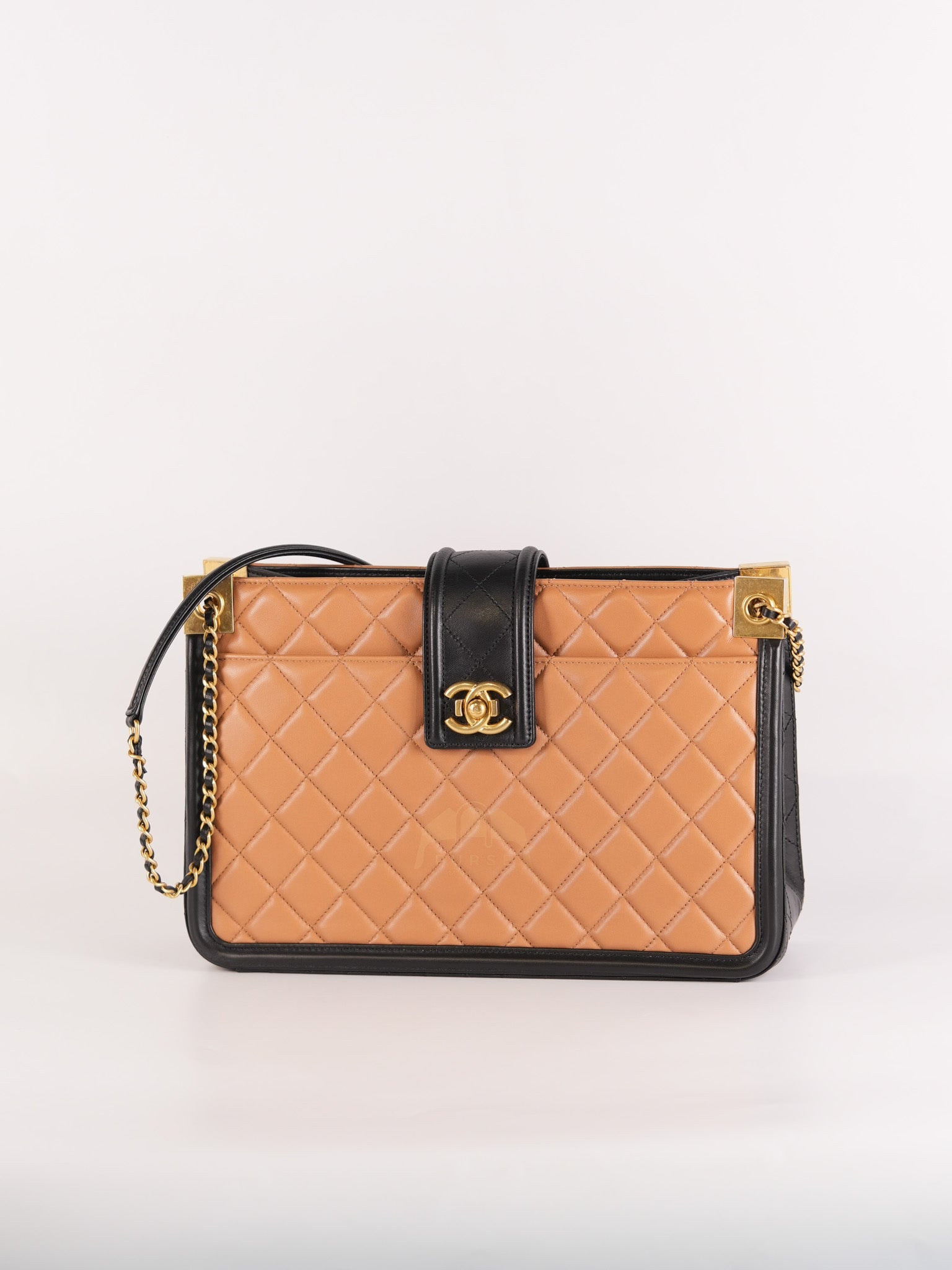 Elegant CC Tote Bag Medium in Beige Black Quilted Lambskin Leather Aged Gold Hardware(Series 23) | Purse Maison Luxury Bags Shop