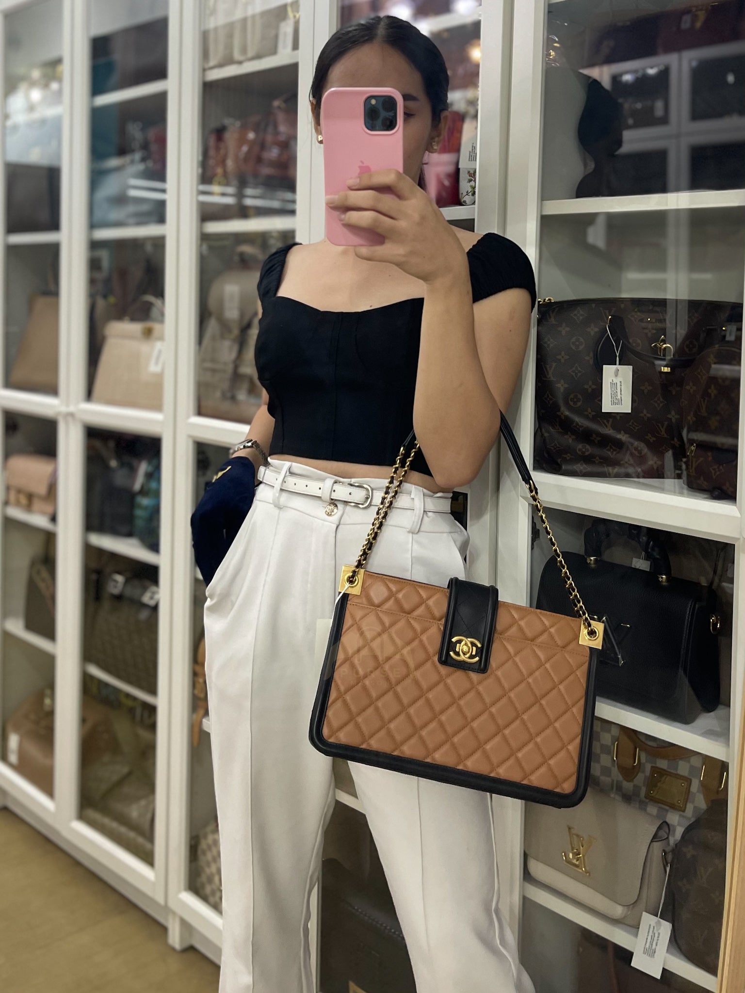 Elegant CC Tote Bag Medium in Beige Black Quilted Lambskin Leather Aged Gold Hardware(Series 23) | Purse Maison Luxury Bags Shop