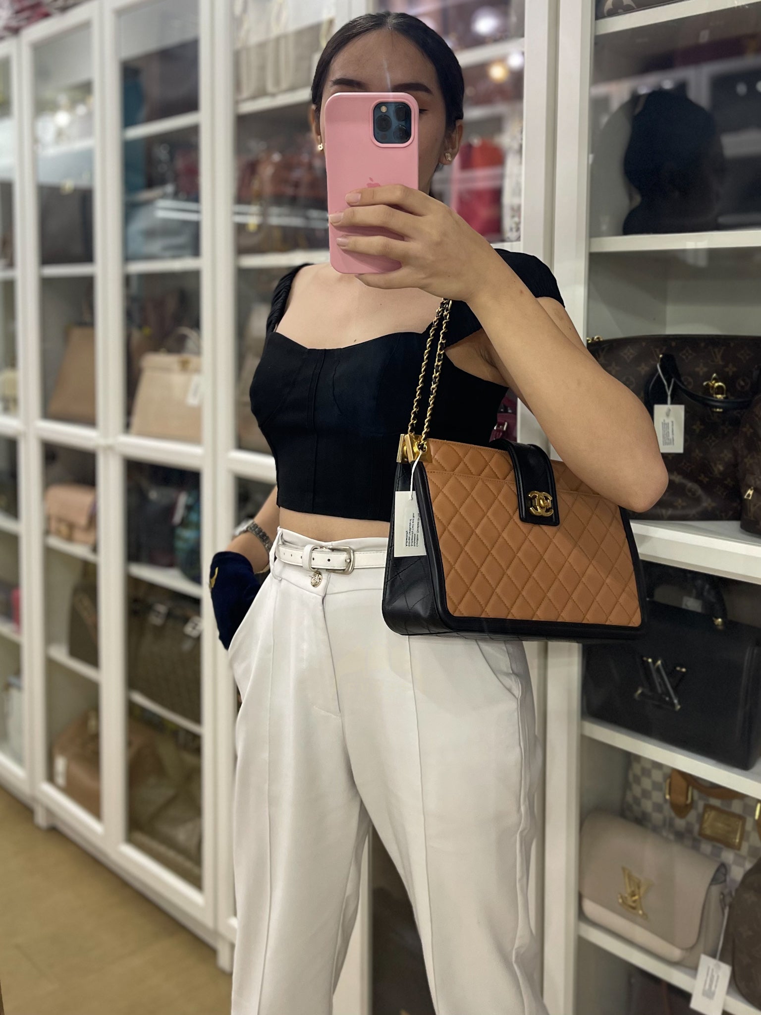 Elegant CC Tote Bag Medium in Beige Black Quilted Lambskin Leather Aged Gold Hardware(Series 23) | Purse Maison Luxury Bags Shop