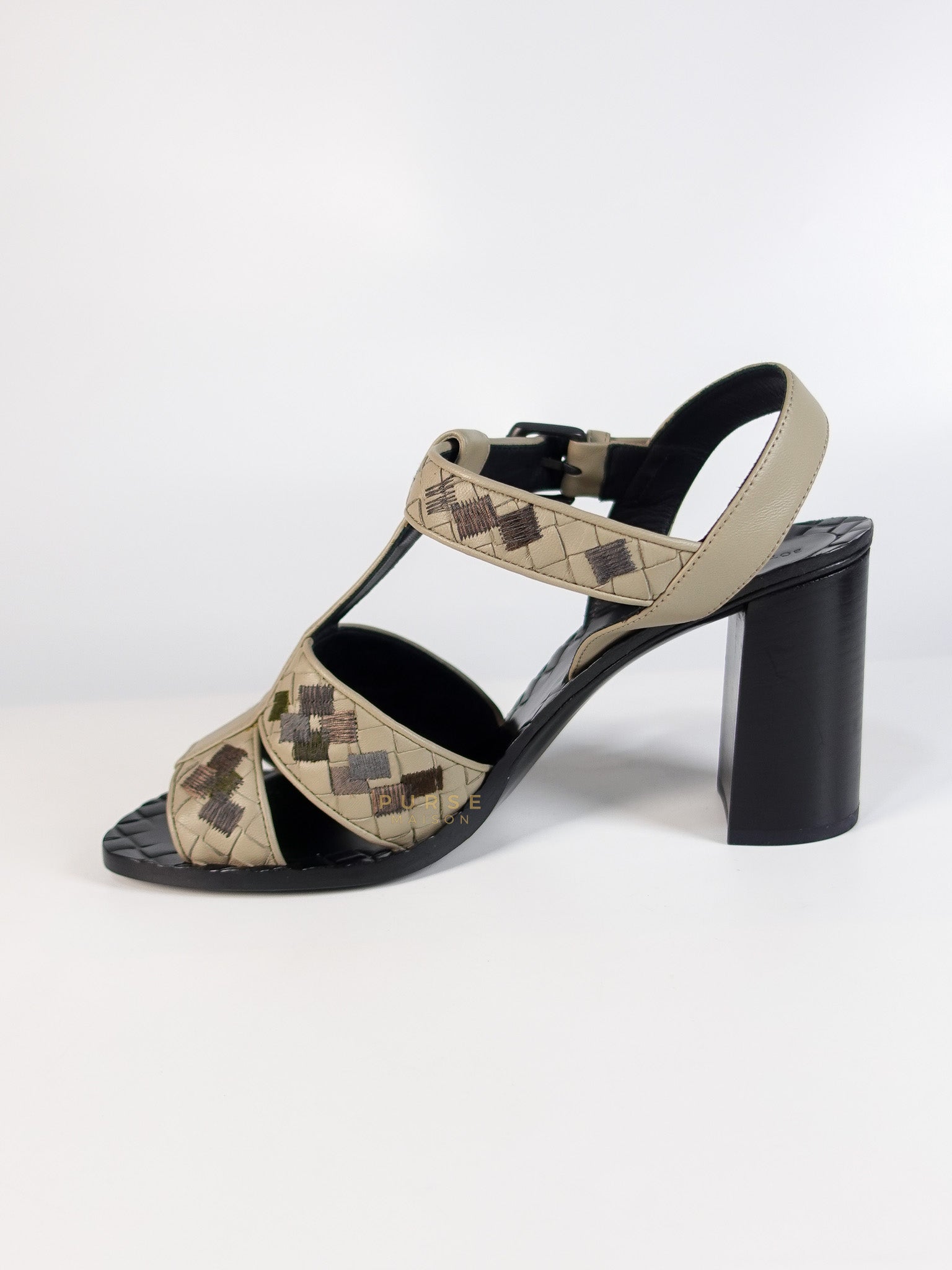 Embroidered Chunky Heels Sandals in Gray Size 39 EU (24.5cm) | Purse Maison Luxury Bags Shop
