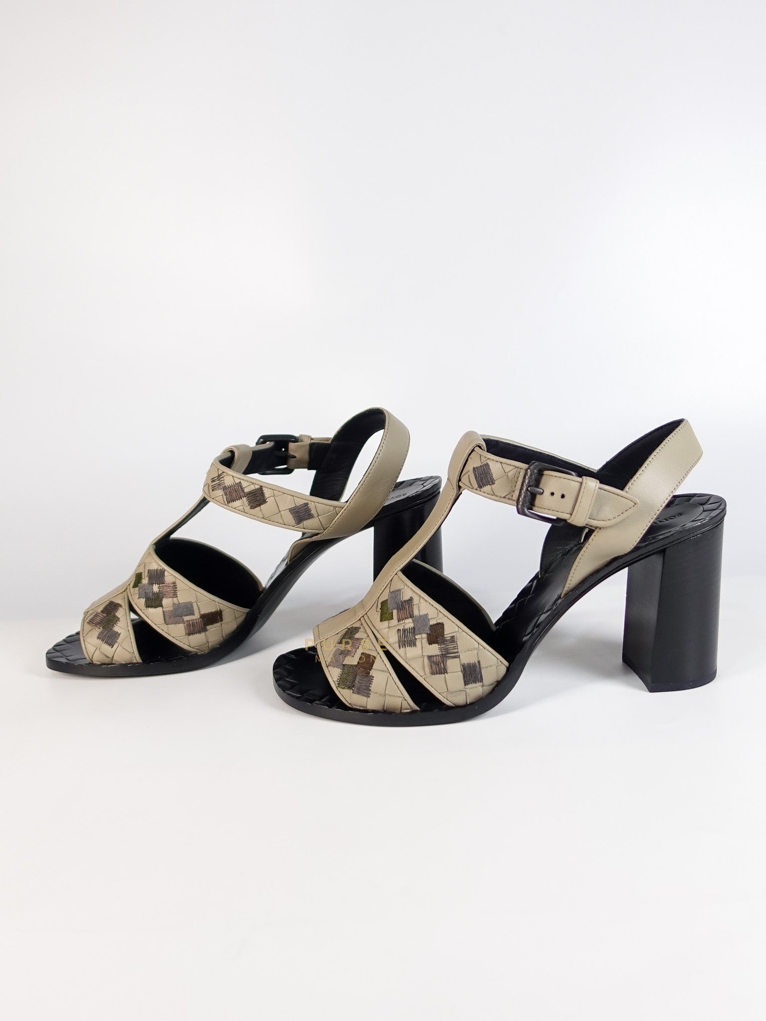 Embroidered Chunky Heels Sandals in Gray Size 39 EU (24.5cm) | Purse Maison Luxury Bags Shop