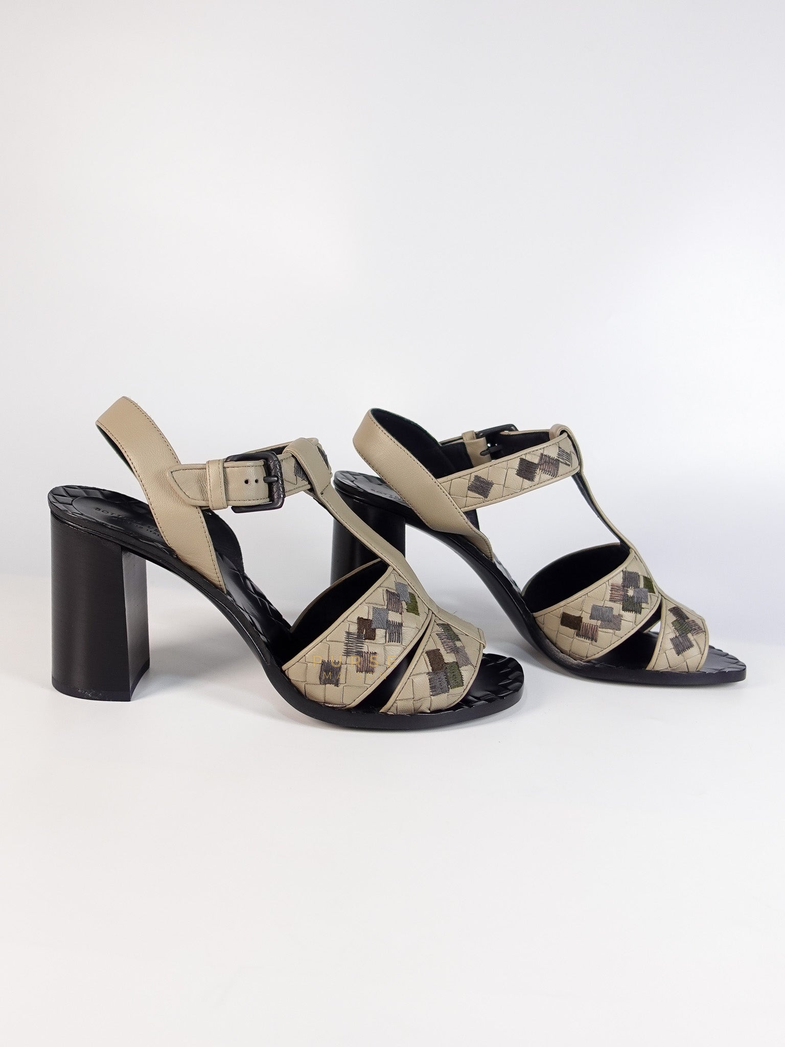 Embroidered Chunky Heels Sandals in Gray Size 39 EU (24.5cm) | Purse Maison Luxury Bags Shop