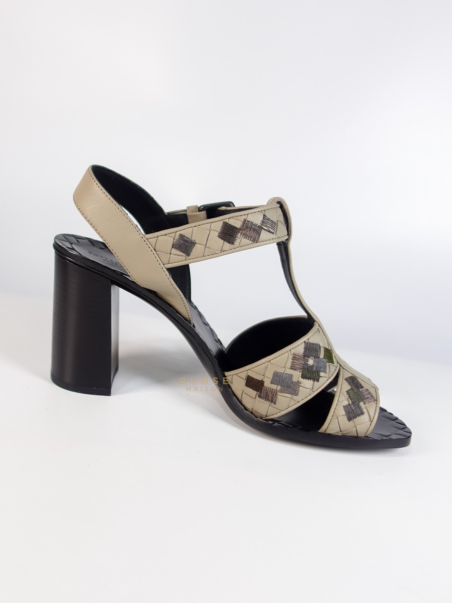 Embroidered Chunky Heels Sandals in Gray Size 39 EU (24.5cm) | Purse Maison Luxury Bags Shop
