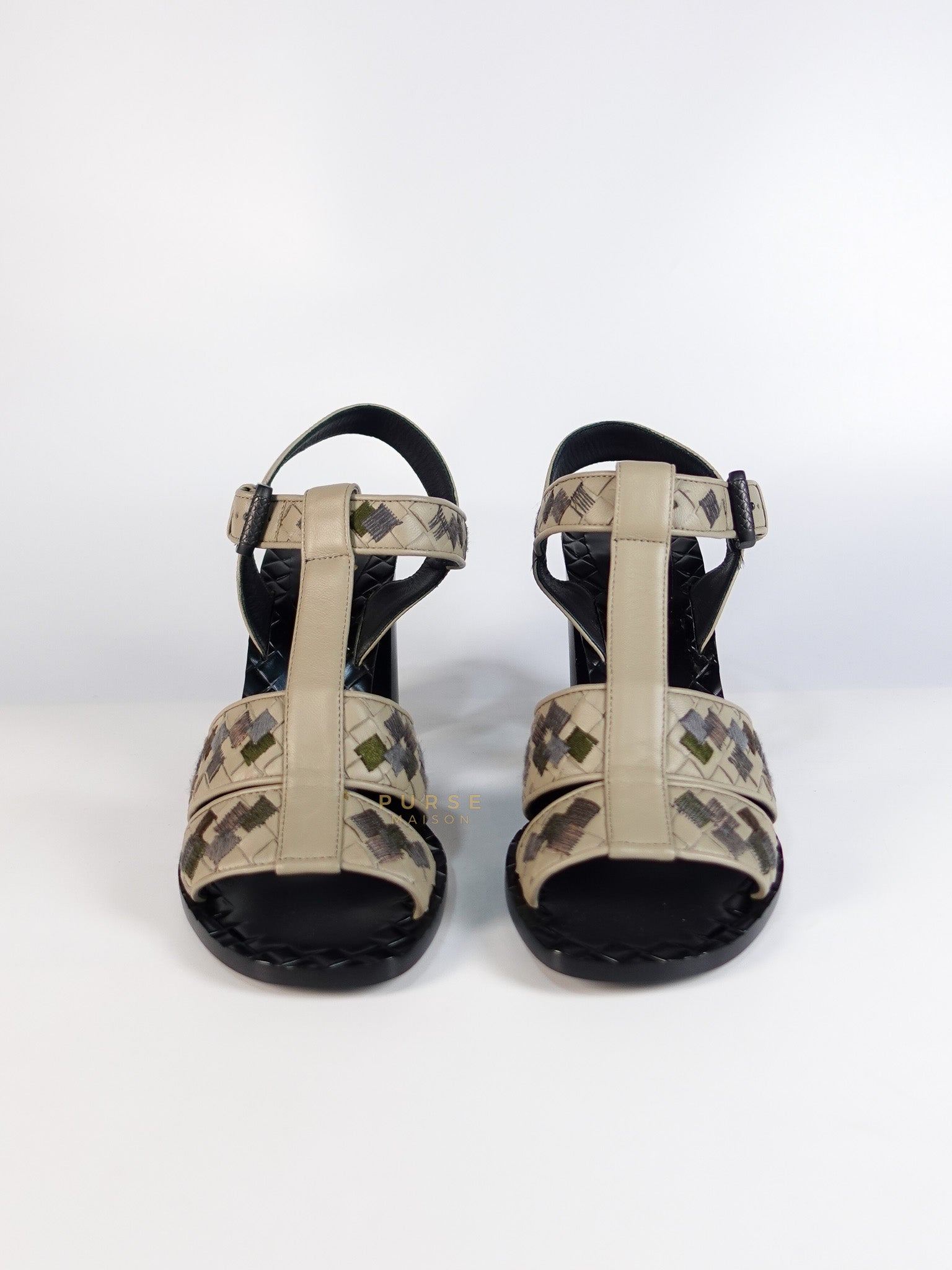 Embroidered Chunky Heels Sandals in Gray Size 39 EU (24.5cm) | Purse Maison Luxury Bags Shop
