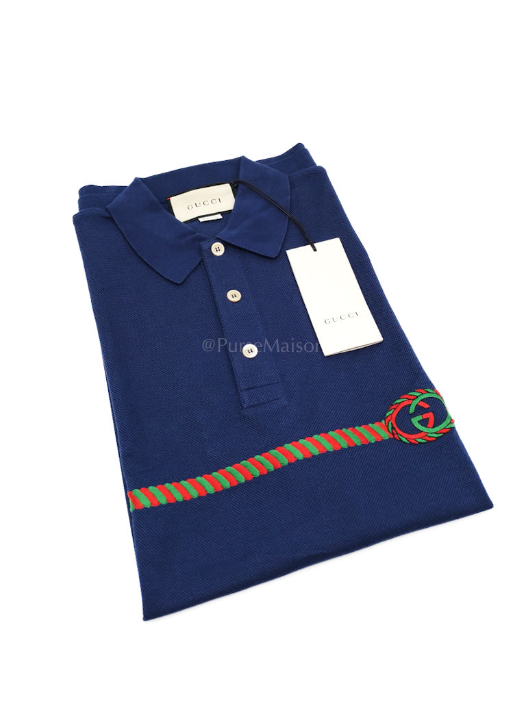 Embroidered Logo in Blue Pique Woven Polo Shirts Size Large | Purse Maison Luxury Bags Shop