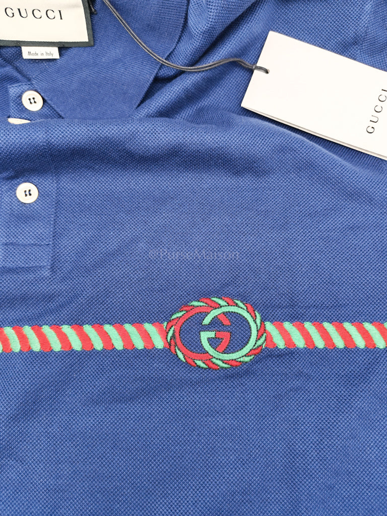 Embroidered Logo in Blue Pique Woven Polo Shirts Size Large | Purse Maison Luxury Bags Shop