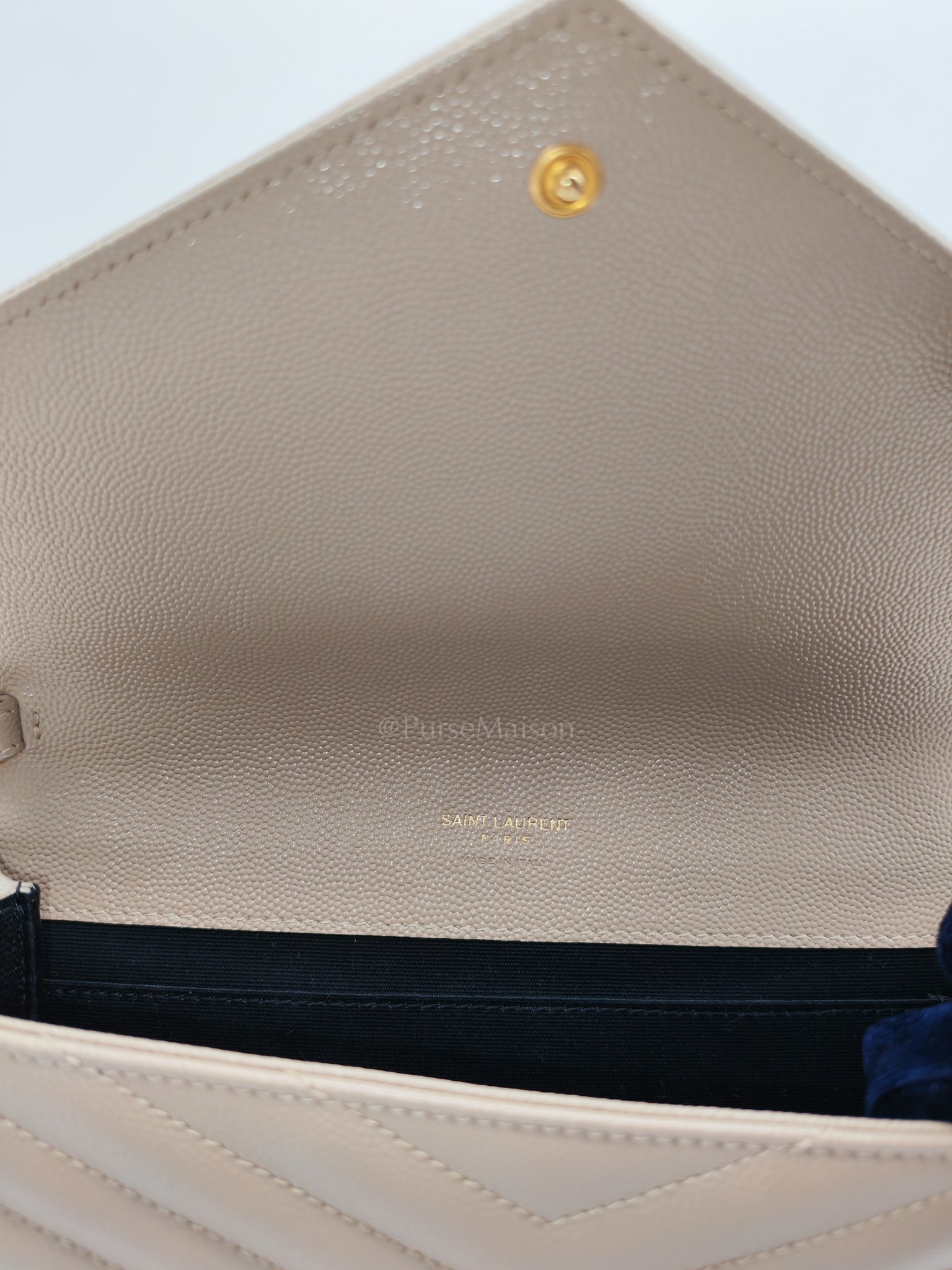 Envelope Clutch Bag in Beige Grain De Poudre Leather & Gold Hardware | Purse Maison Luxury Bags Shop
