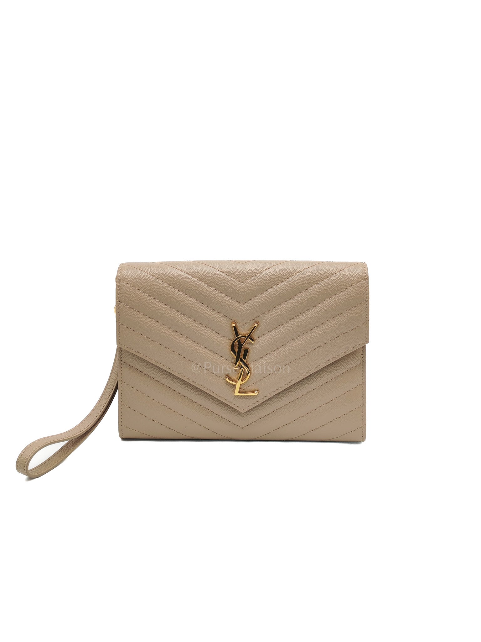 Envelope Clutch Bag in Beige Grain De Poudre Leather & Gold Hardware | Purse Maison Luxury Bags Shop