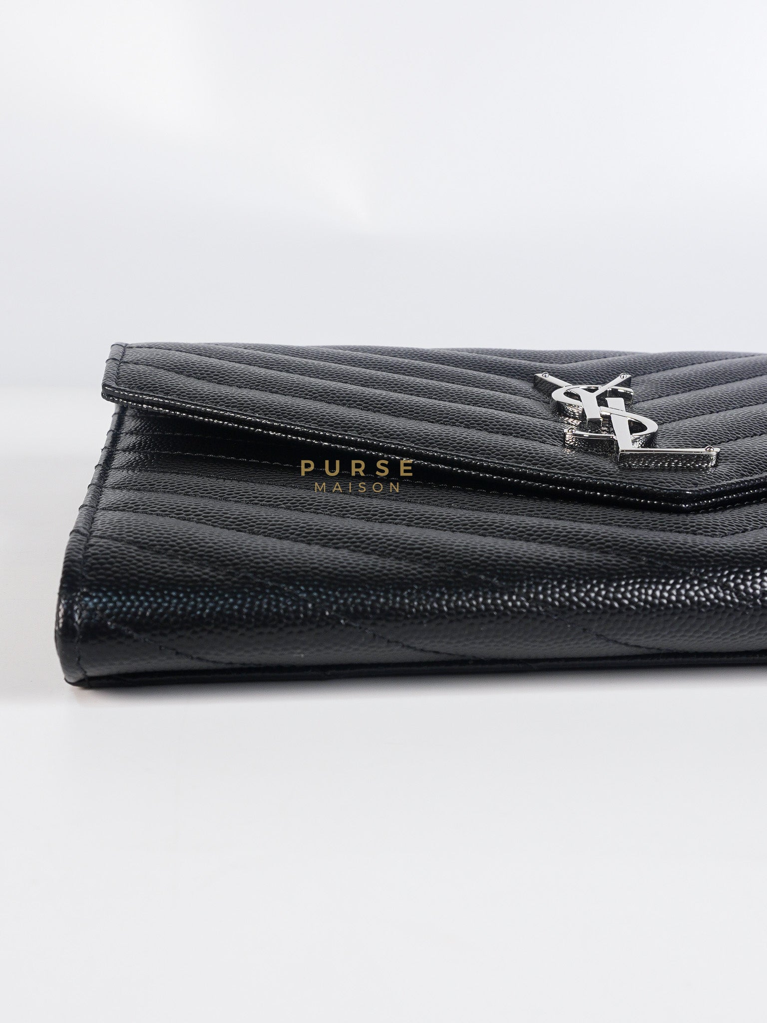 Envelope Clutch Bag in Black Chevron Matelasse Grain De Poudre Leather & Silver Hardware | Purse Maison Luxury Bags Shop